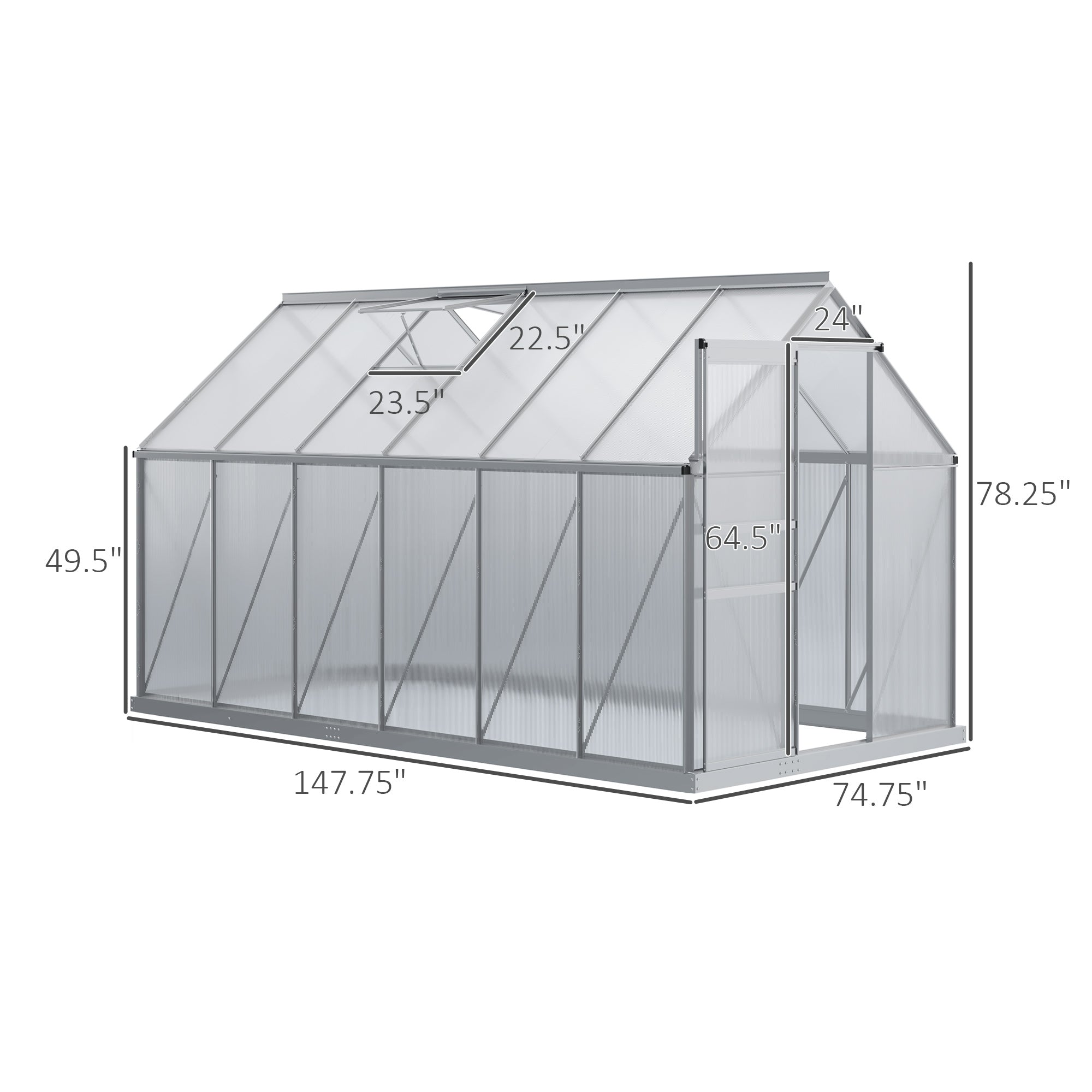 12' x 6' x 6.5' Polycarbonate Greenhouse with Aluminum Frame, Walk-in Heavy Duty Green House with Adjustable Roof Vent, Rain Gutter and Sliding Door for Winter, Silver - Silver - Image 3