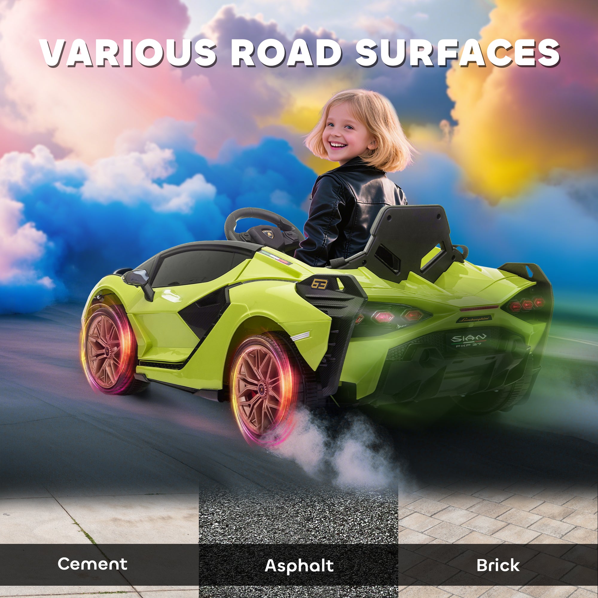 12V Lamborghini SIAN Licensed Electric Car for kids with Remote Control, Horn, Music, & Headlights, Green