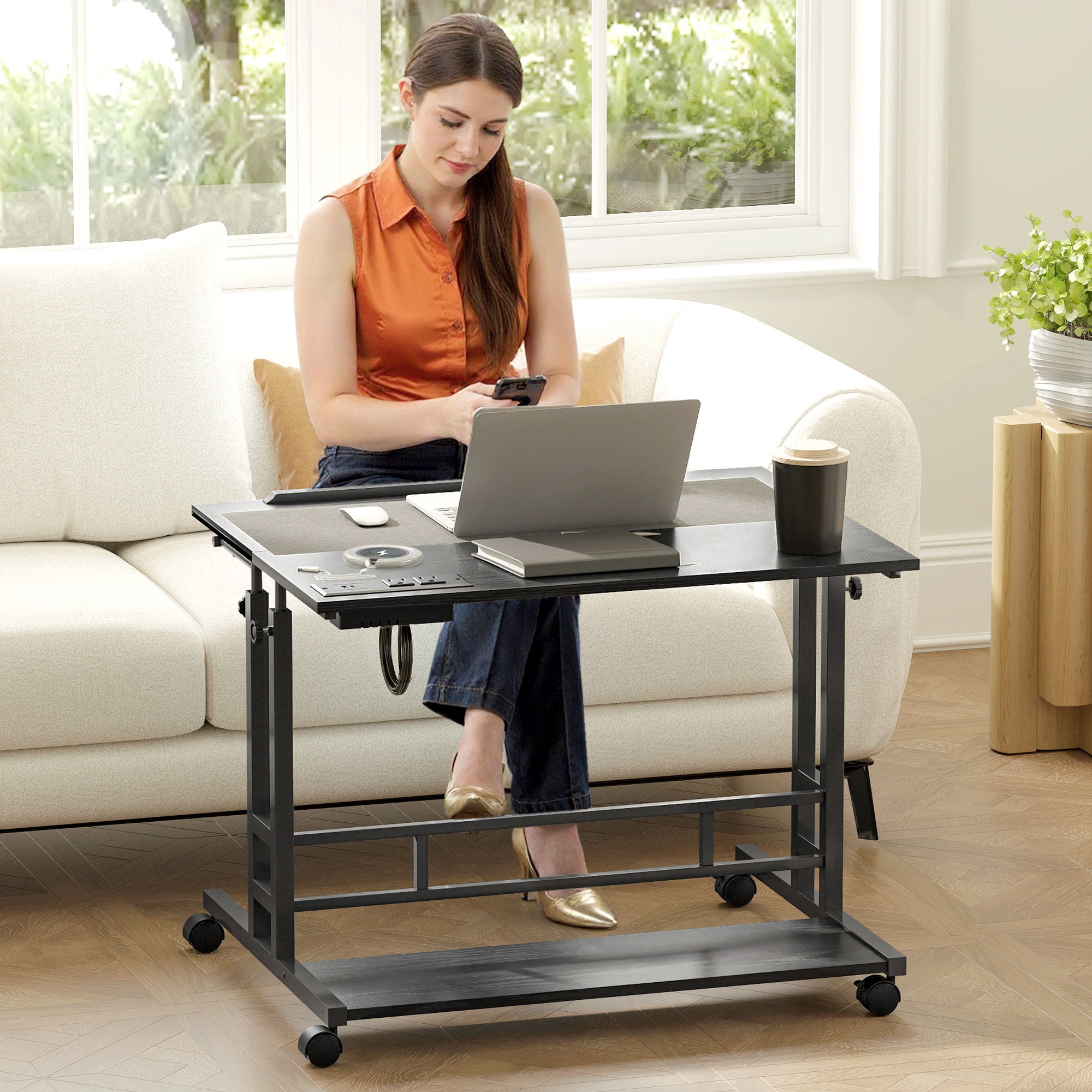 Adjustable Standing Desk with Power Outlets, Stand Up Desk with Tiltable Tabletop, Wheels, Shelf, for Home Office, Black