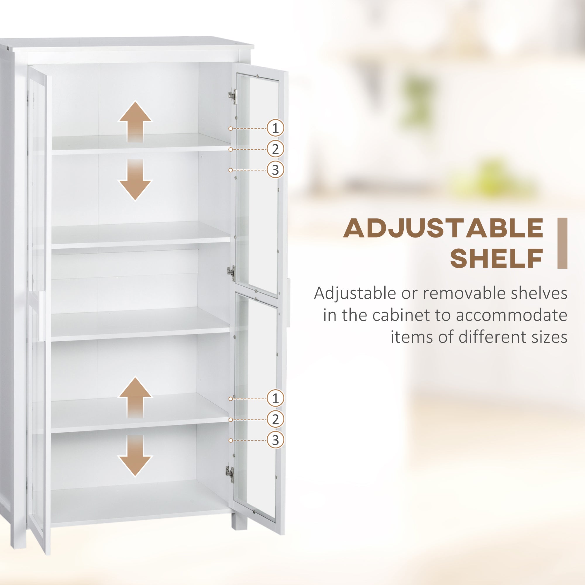 63" Kitchen Pantry Cabinet, Freestanding Storage Cabinet, Display Cabinet with 2 Glass Door and 2 Adjustable Shelves for Dining Room, White