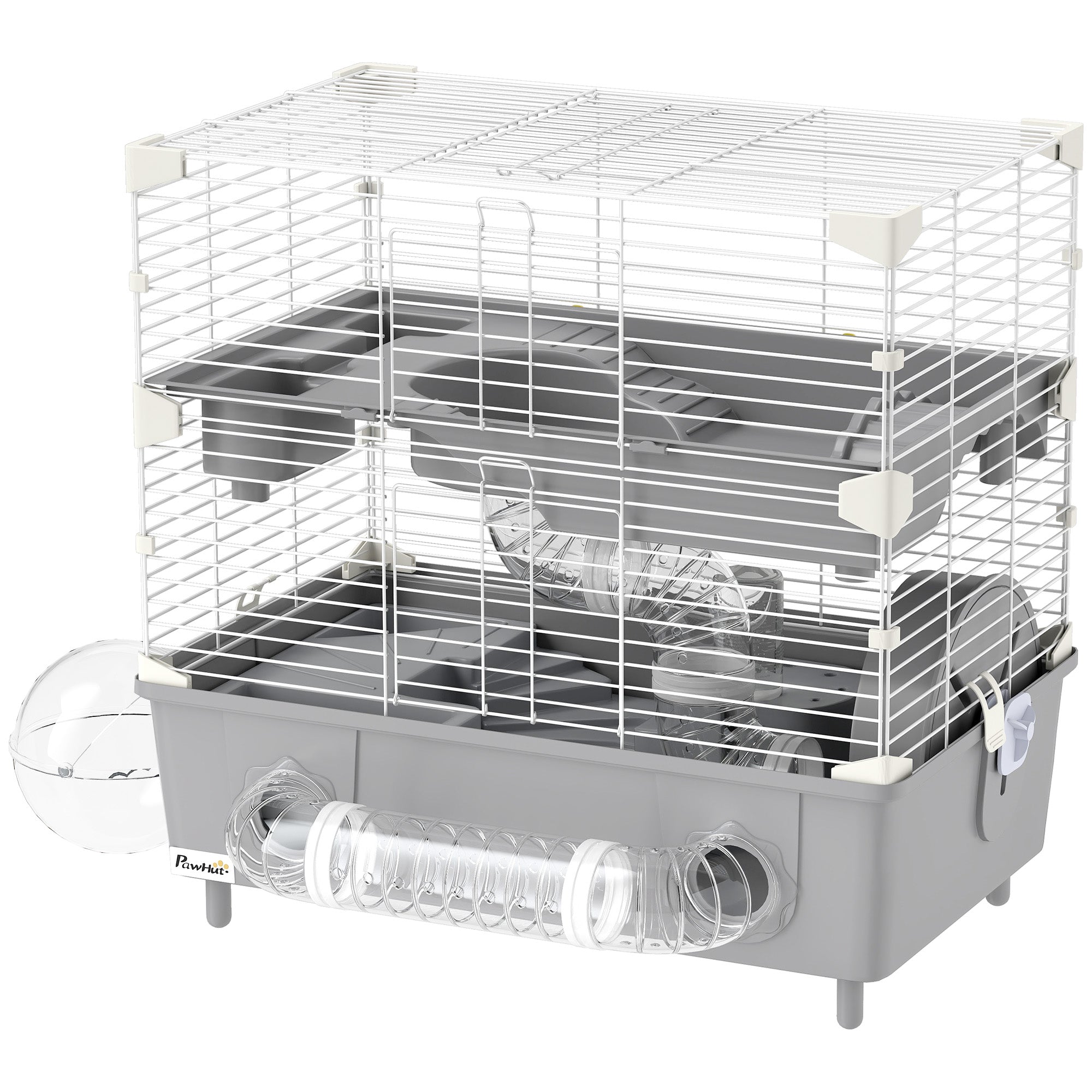 2-Tier Hamster Cage with Sand Bathroom, Running Wheel, Water Bottle, Tubes, Accessories, for Dwarf Hamster, Gray - Gray