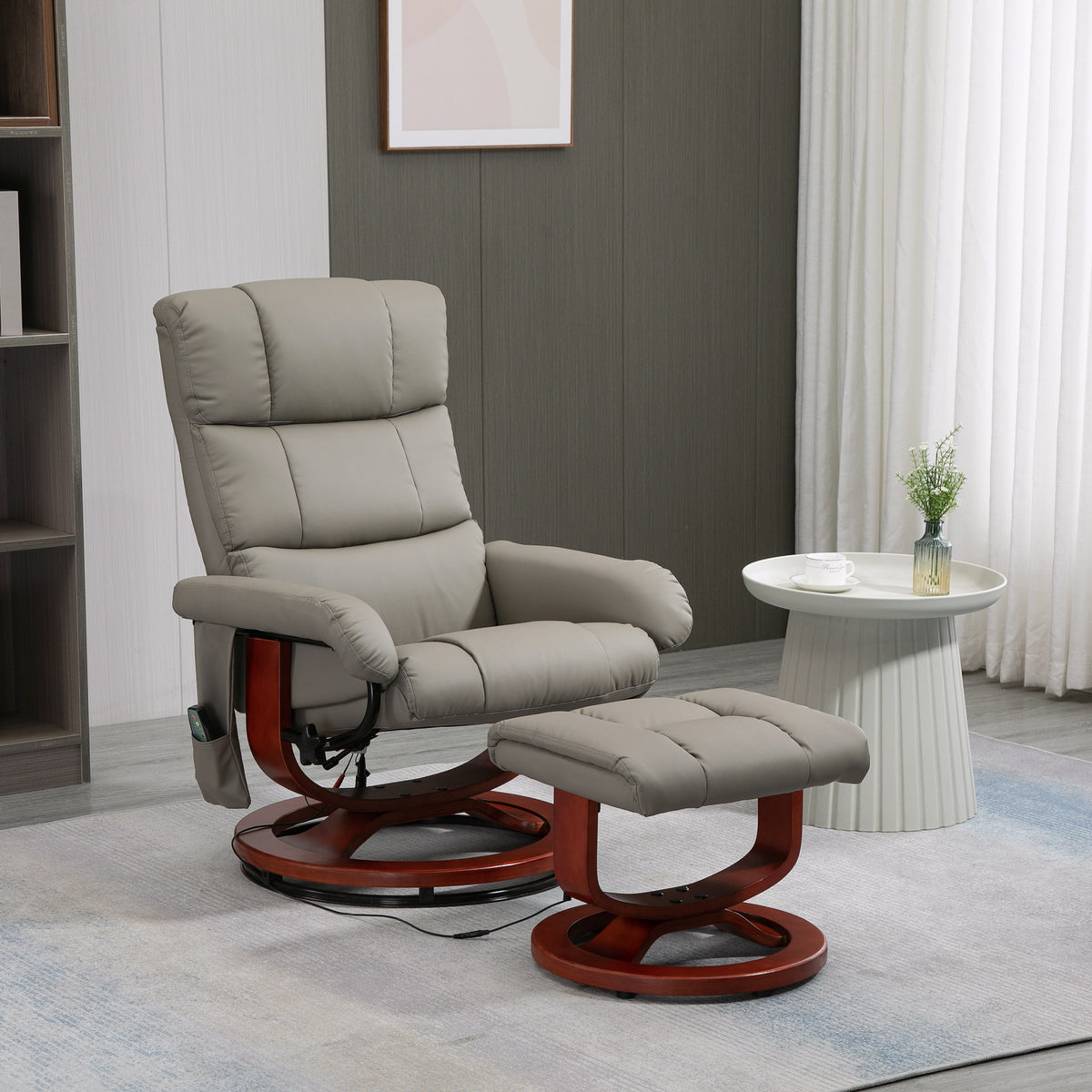 Massage Recliner Chair with Ottoman, Swivel Recliner and Footrest, Faux Leather Reclining Chair w/ Remote Control, Gray