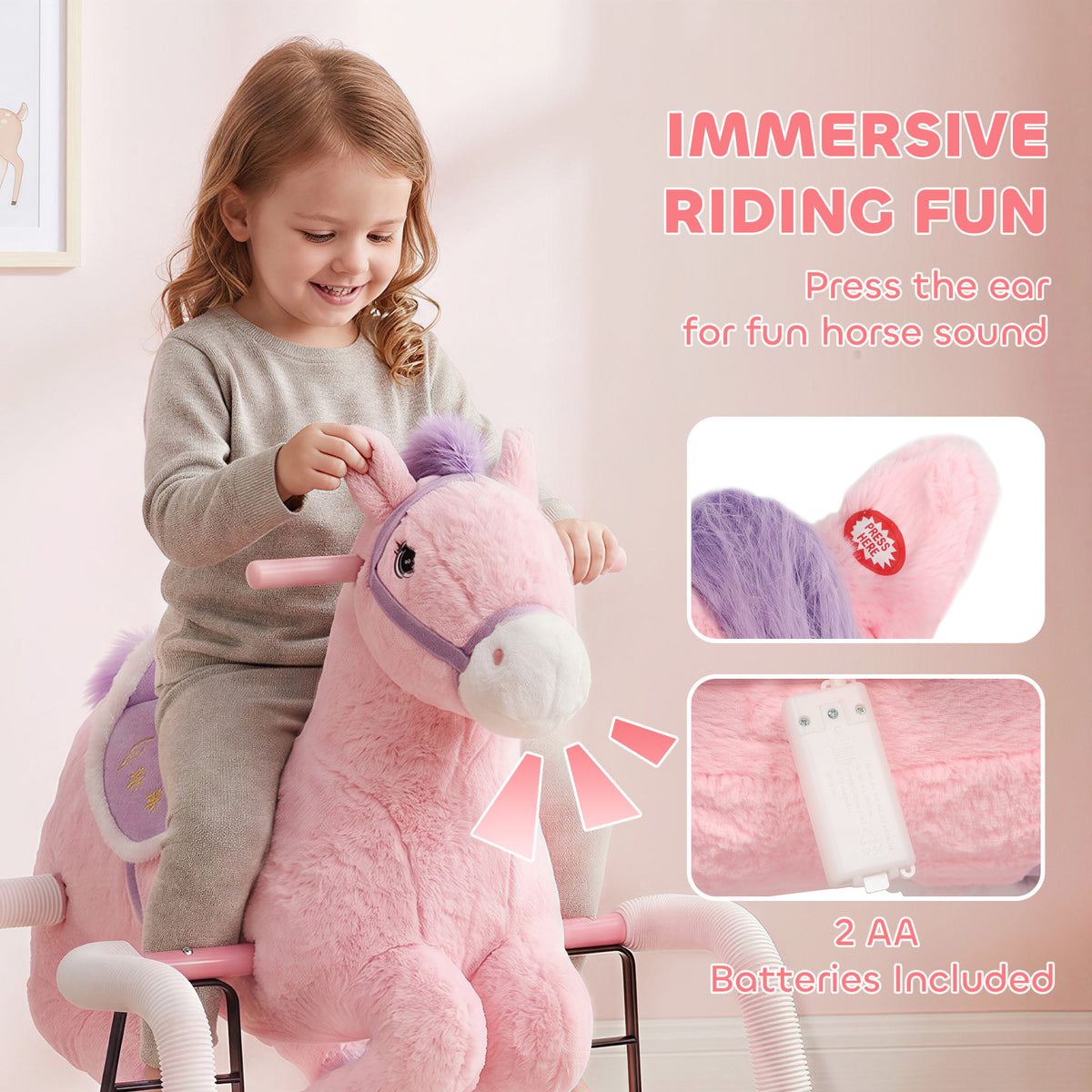 Kids Spring Rocking Horse, Ride on Horse with Neighing Sounds, Plush Animal Ride on Toy for Ages 3+ Years, Pink