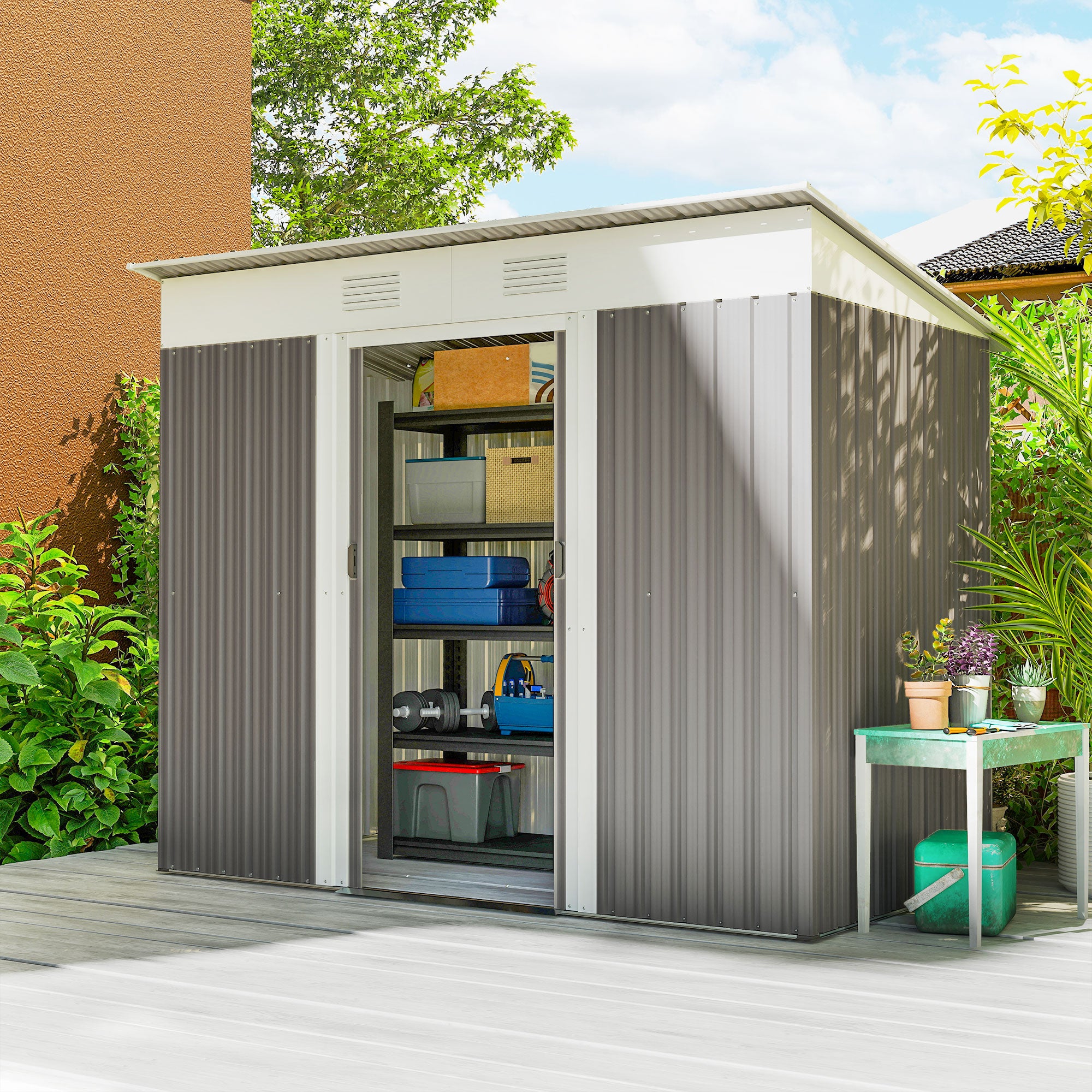 7' x 4' Metal Garden Shed, Backyard Tool Storage Shed with Dual Locking Doors, 2 Air Vents and Steel Frame, Light Gray - Light Gray - Image 2