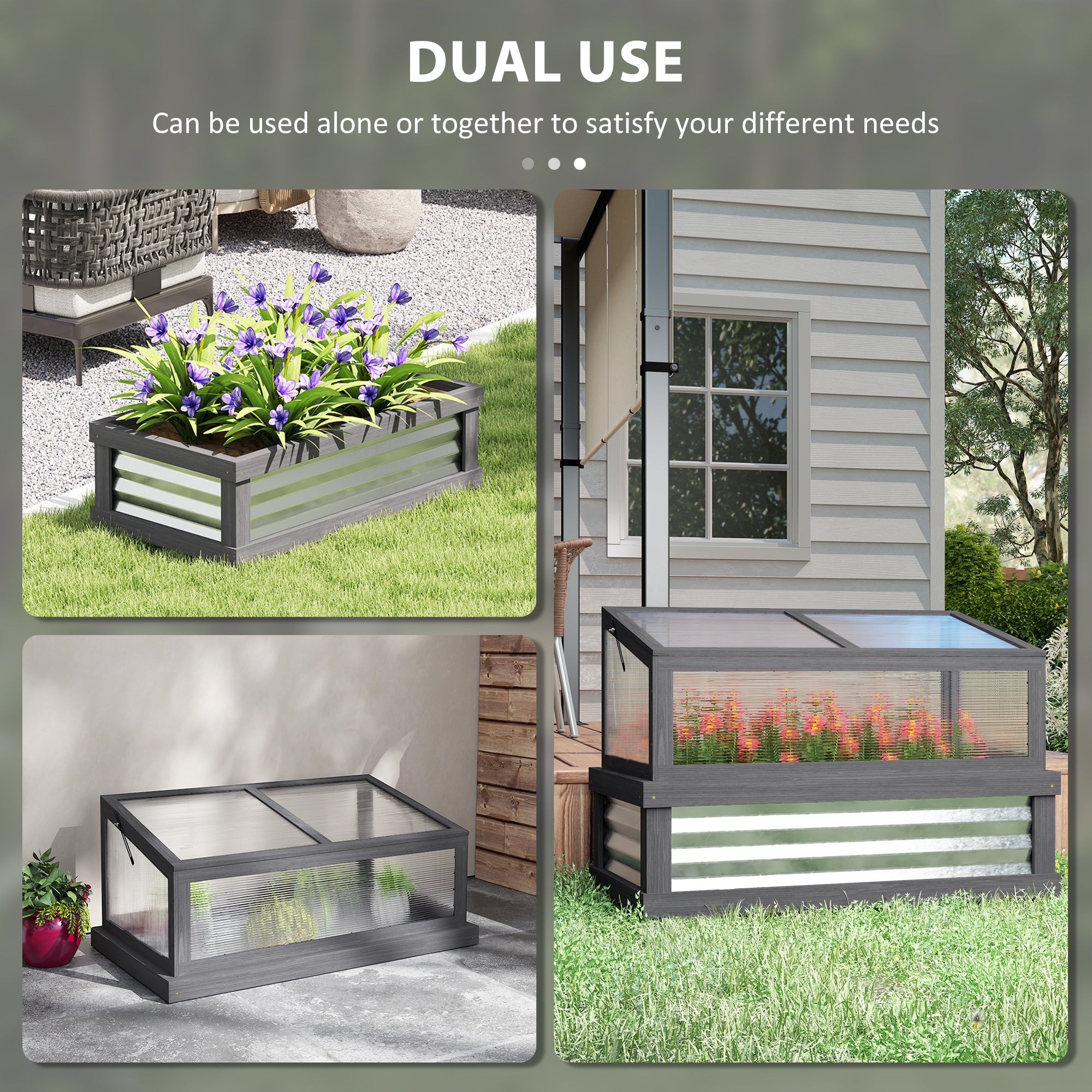 Raised Garden Flower Bed Kit with Lean-to Greenhouse, Wooden Cold Frame Planter, 41" x 22.5" x 28.25", Gray - Gray - Image 4