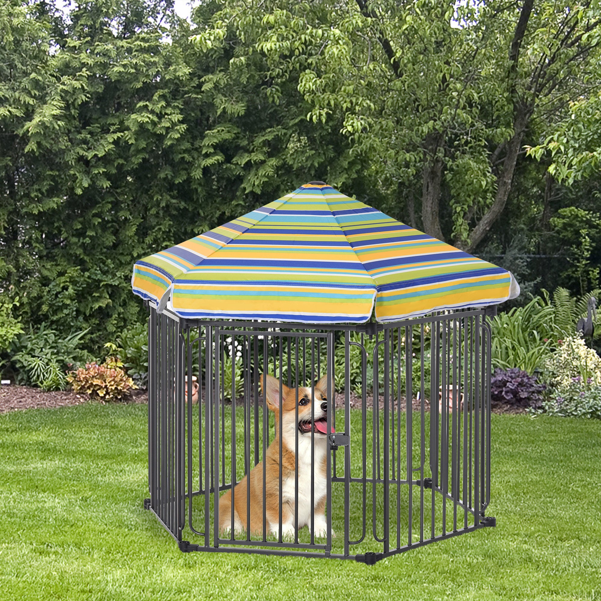 48" x 41" Heavy-Duty Metal Dog Playpen, Outdoor Pet Cage Kennel, Puppy Exercise Fence Barrier with Weather-Resistant Polyester Roof, Locking Door, & Metal Frame - Black, Multi-color - Image 2