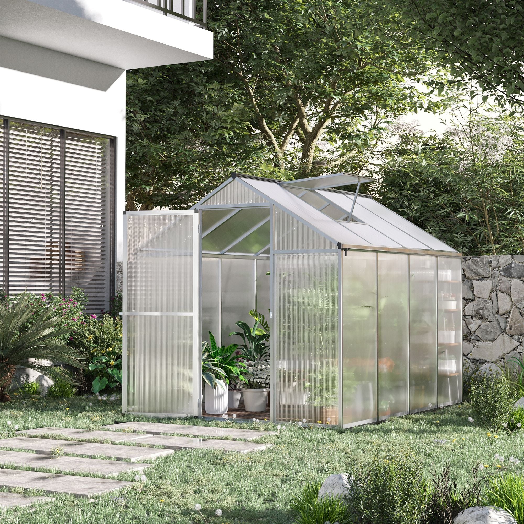 8' L x 6' W Walk-In Polycarbonate Greenhouse with Roof Vent for Ventilation & Rain Gutter for Winter - Silver - Image 2