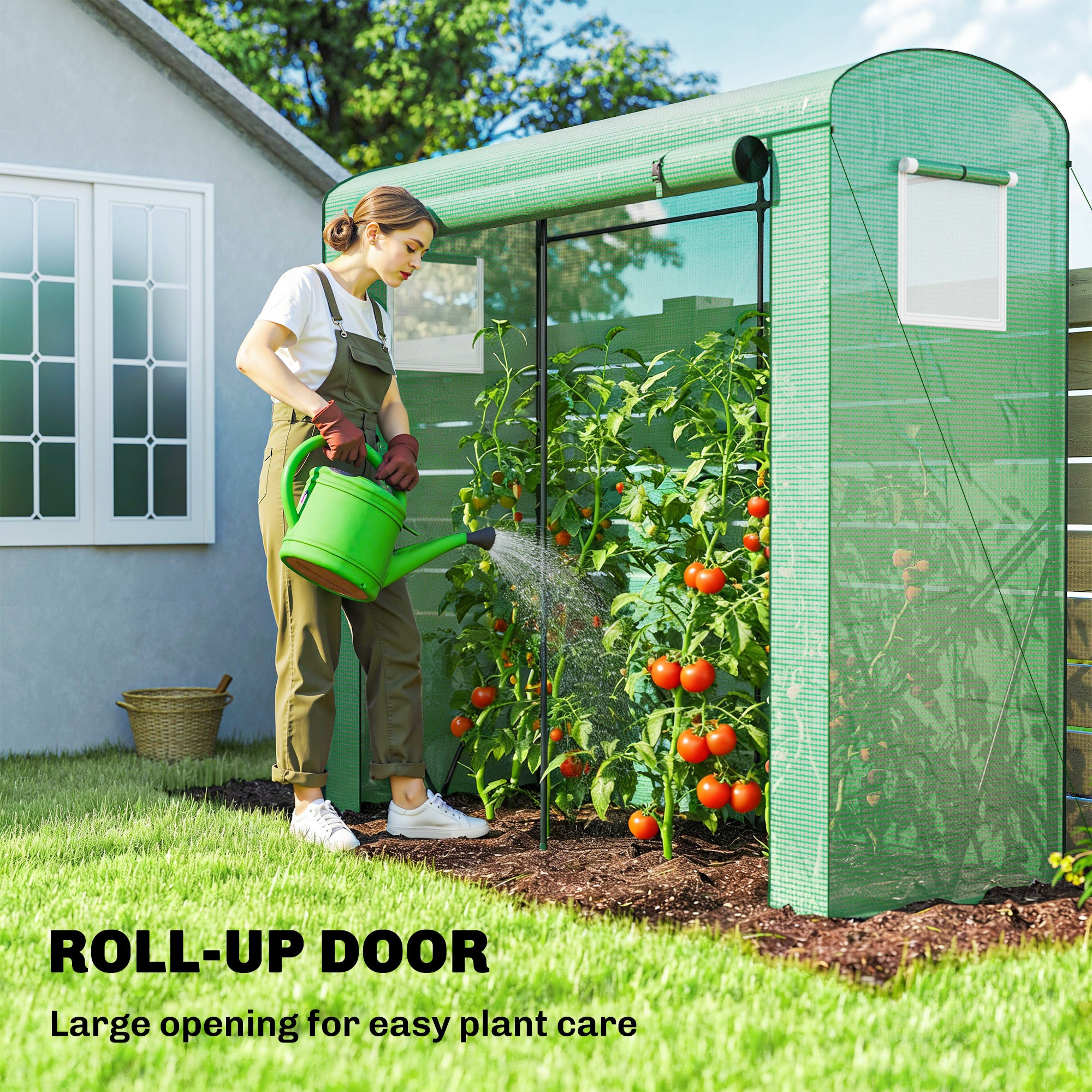 Mini Greenhouse, Portable Greenhouse with Roll-Up Door and 2 Mesh Windows, PE Cover, 78.7" x 29.5" x 74", Green - Green - Image 6