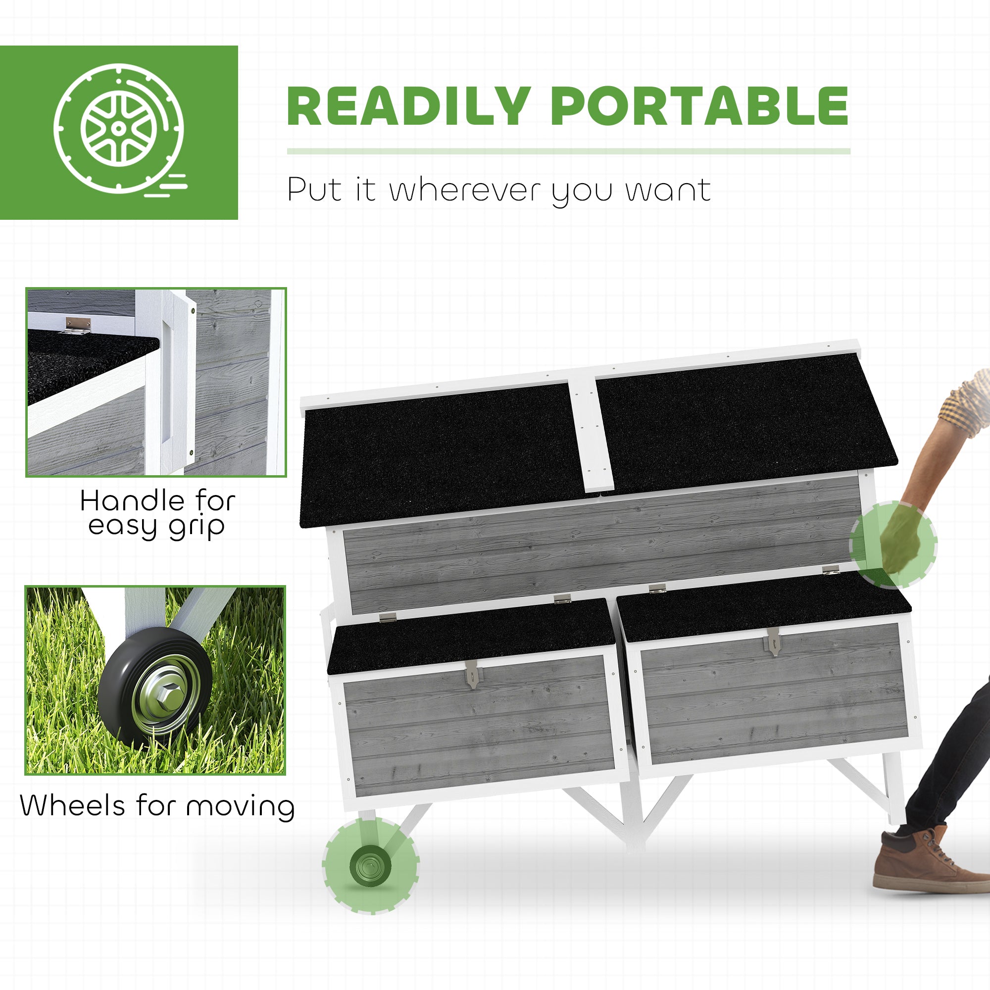 59" Wooden Chicken Coop w/ Wheels, Handles, 2 Nesting Boxes, 2 Trays, 4 Perches, Chicken Tractor for 4-6 Chickens, Gray - Gray - Image 4