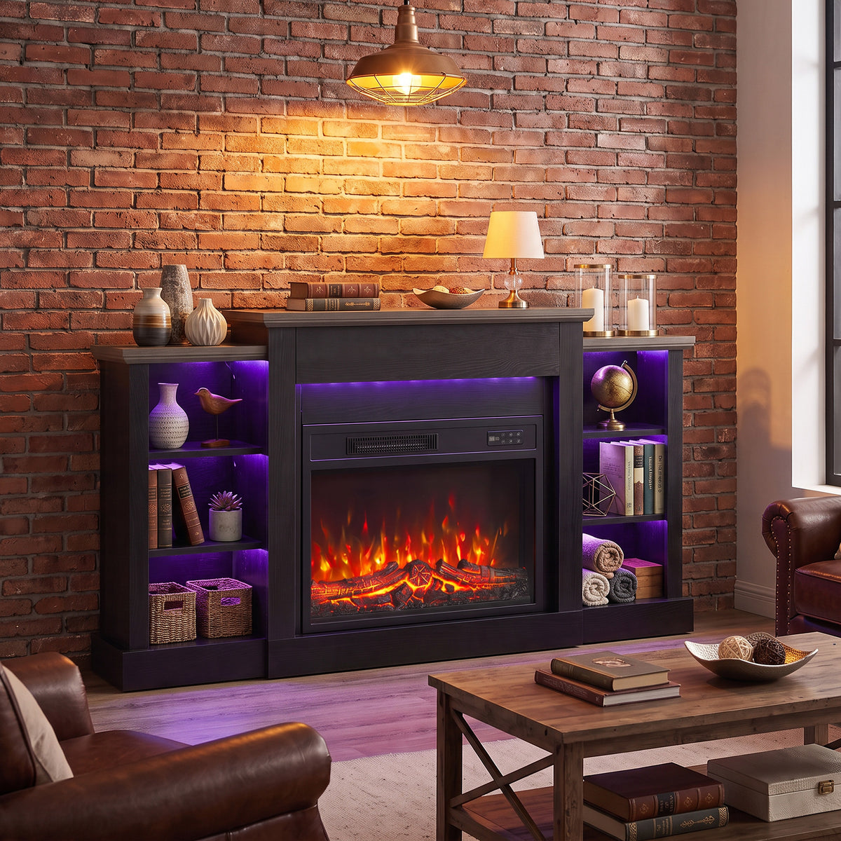 55" Fireplace TV Stand for TVs up to 65", Entertainment Center TV Console, RGB LED Strips, 6 Shelves, Black Wood Grain
