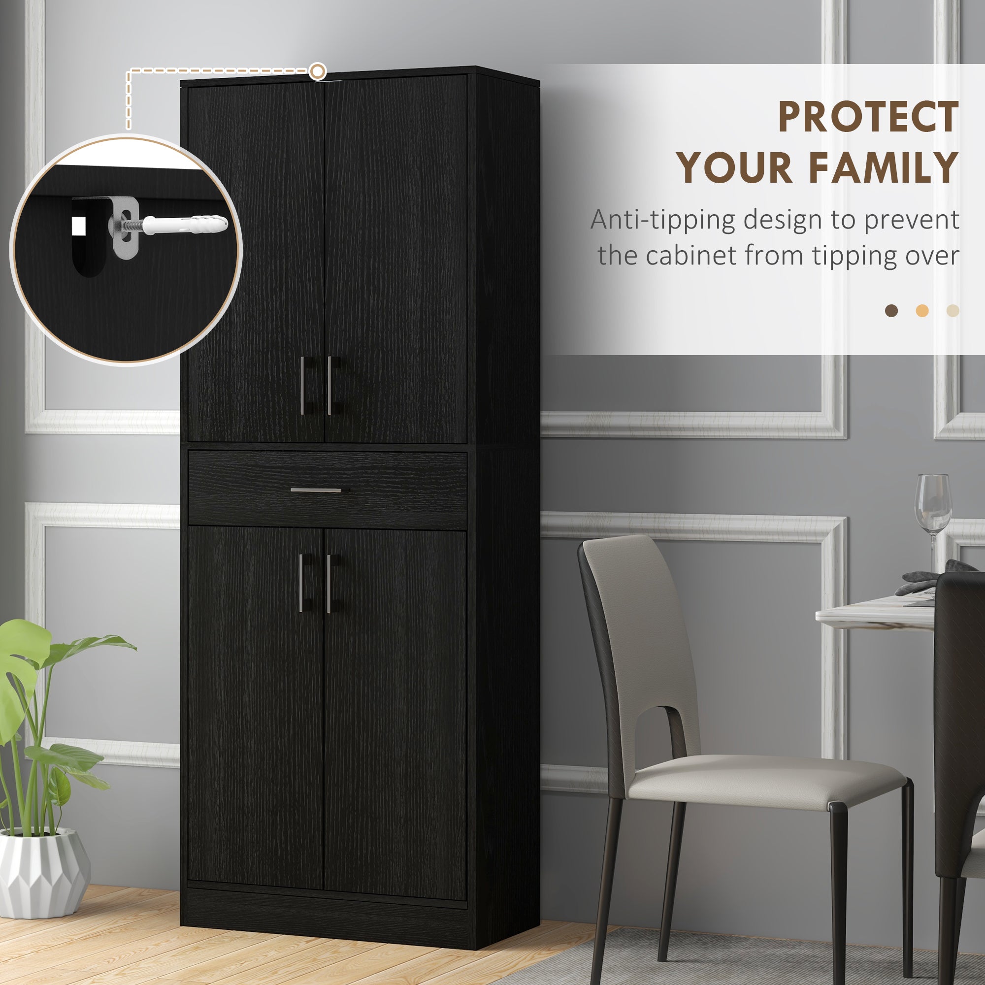 71" Kitchen Cabinet with Drawer and Adjustable Shelf, Freestanding Tall Kitchen Pantry, Distressed Black