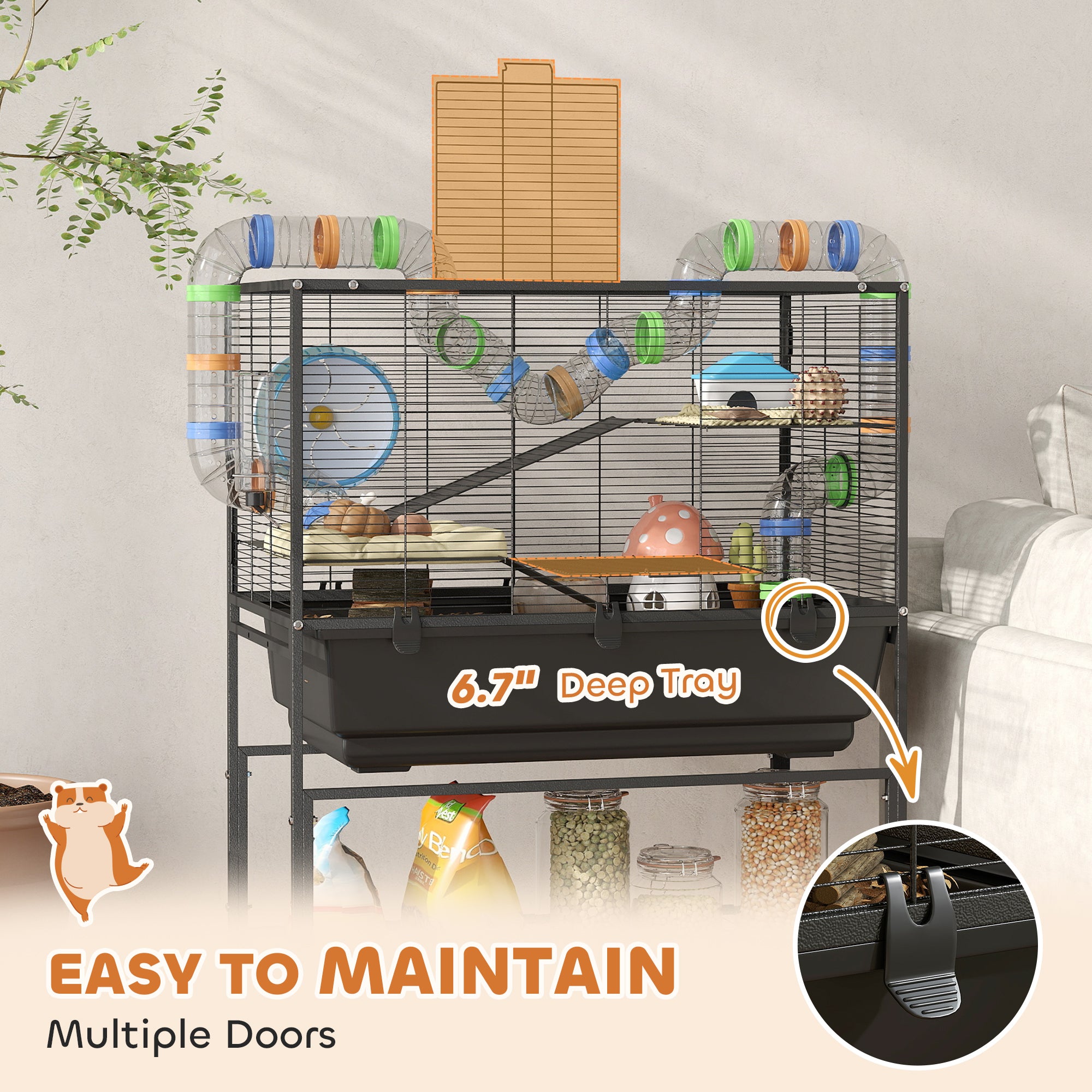 3 Tier Hamster Cage, Rolling Rat Cage with Deep Tray, Storage Shelf, Big Exercise Wheel, Hut, Tube System - Black - Image 6