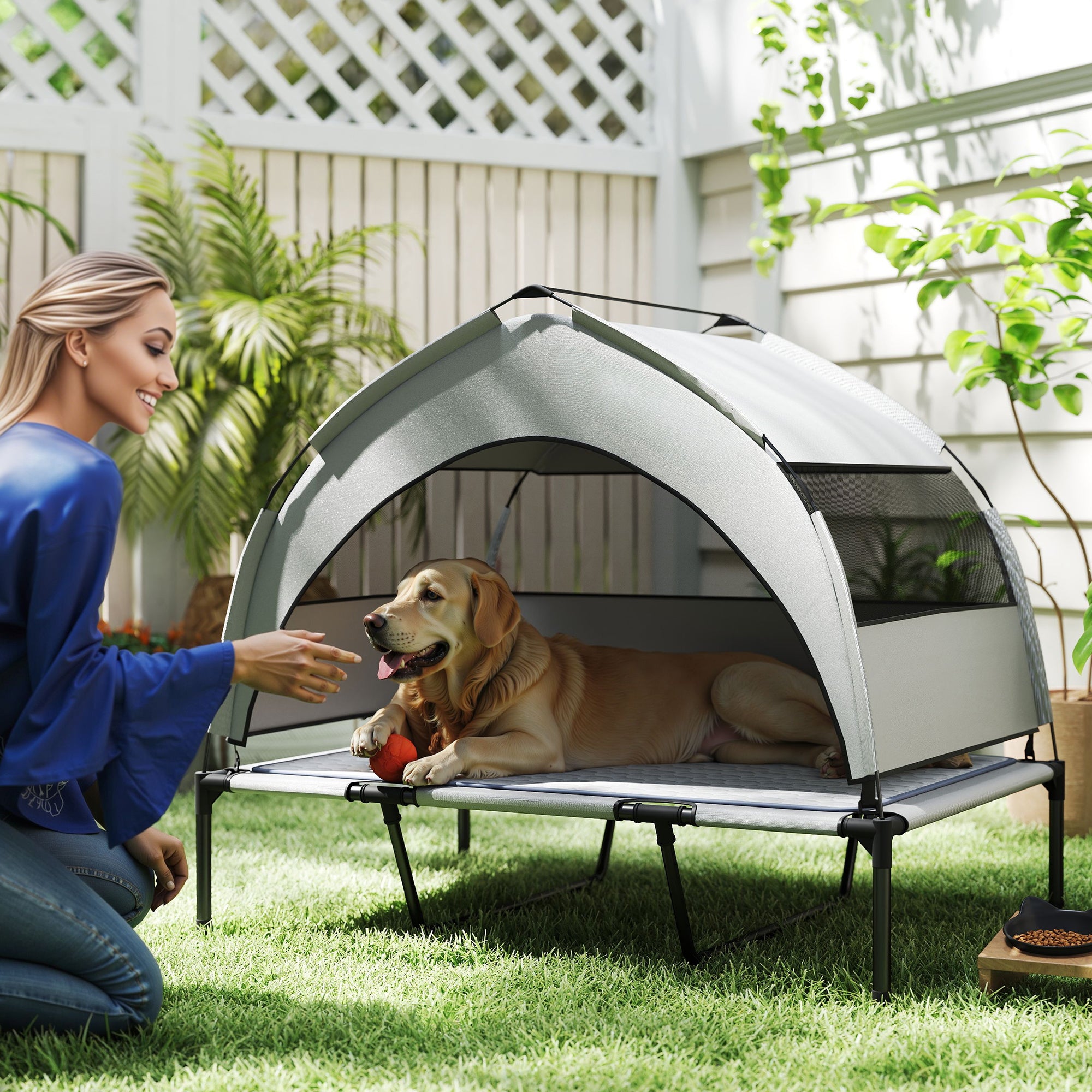 Elevated Dog Bed with Removable Canopy, Portable Outside Raised Pet Cot with Cooling Pad, Storage Bag, 42" x 30" x 37" - Light Gray - Image 2