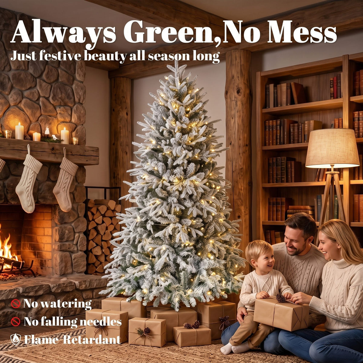 7ft Flocked Prelit Christmas Tree, Hinged Xmas Tree with 2679 Tips, 350 Warm White LED Lights, Green White