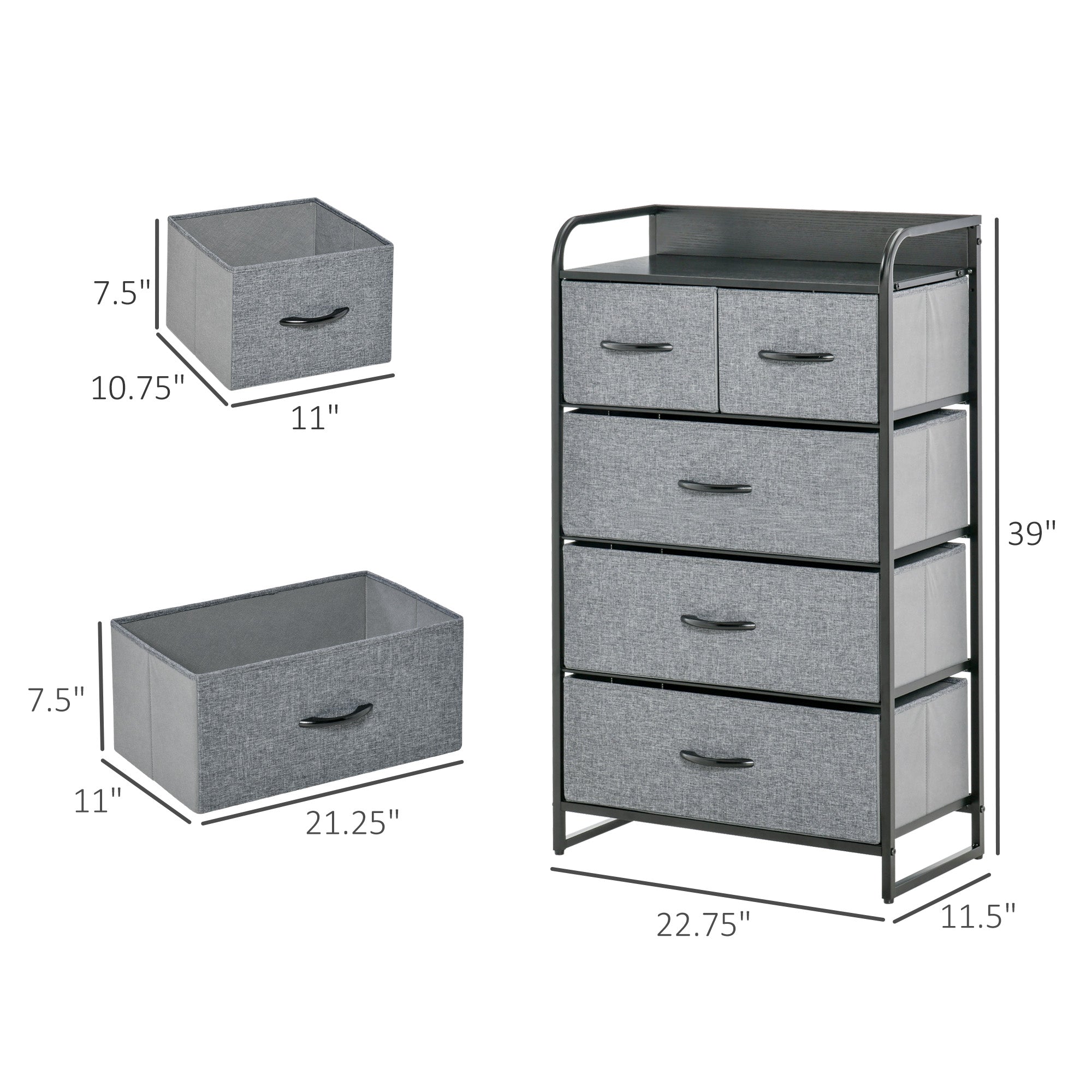 5-Drawer Dresser Tower Chest of Drawers Organizer with Steel Frame Gray