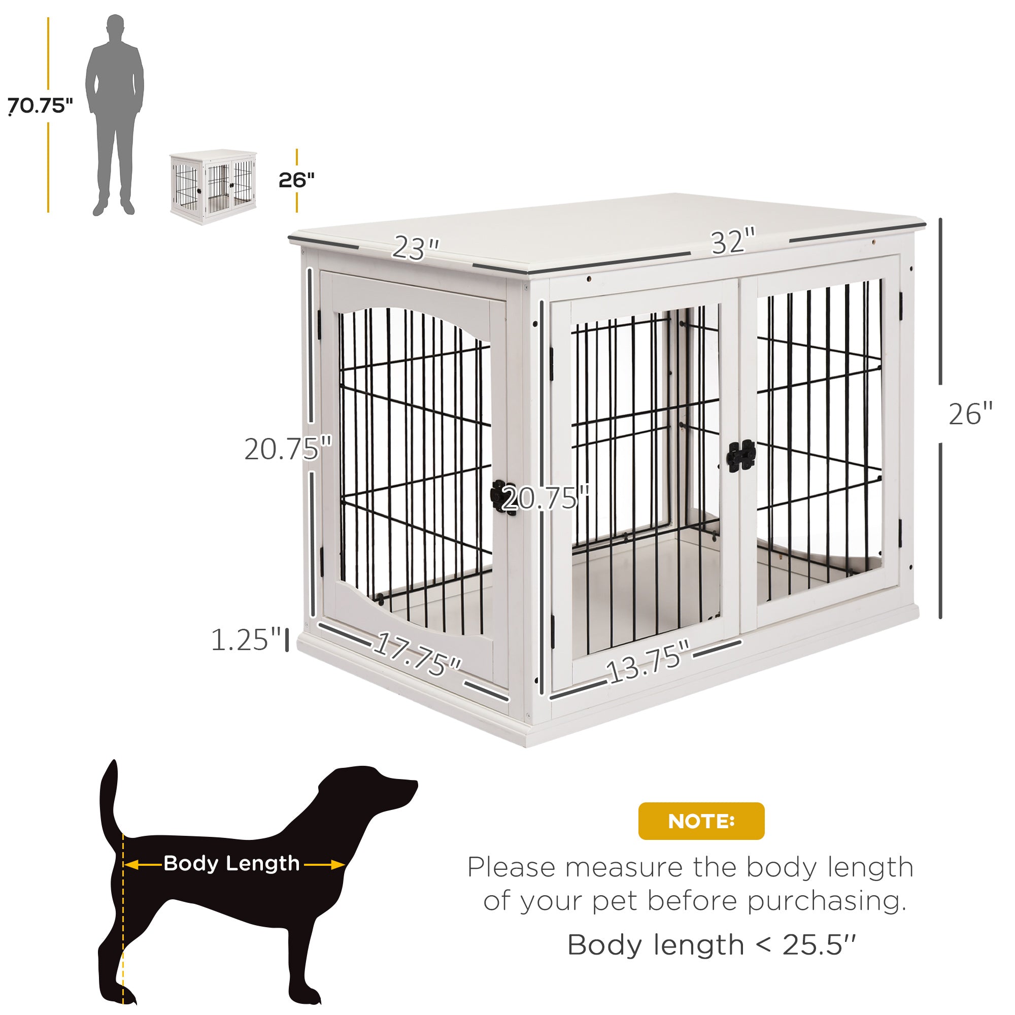 Dog Crate Furniture, 32" Small Dog Cage End Table with 2 Doors, Lockable Door, Puppy Kennel Indoor, White - White - Image 3