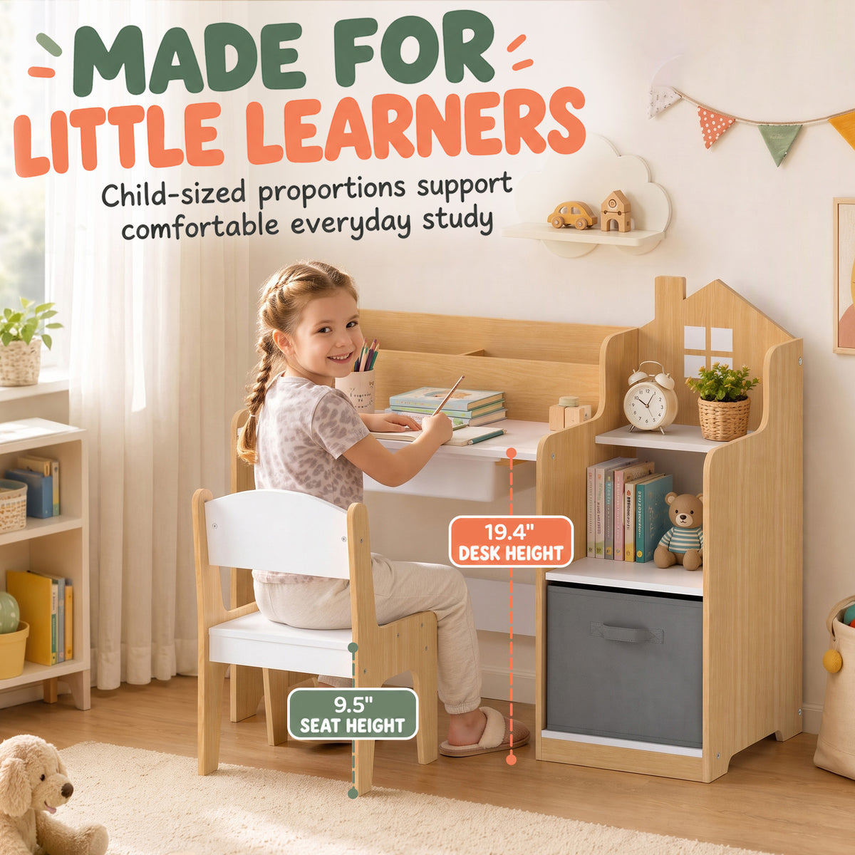 Kids Desk and Chair Set with 2 Desktop Cubbies, Fabric Bin, Plastic Drawer, Bookshelf, Anti-Tip Device for 3-8 Years