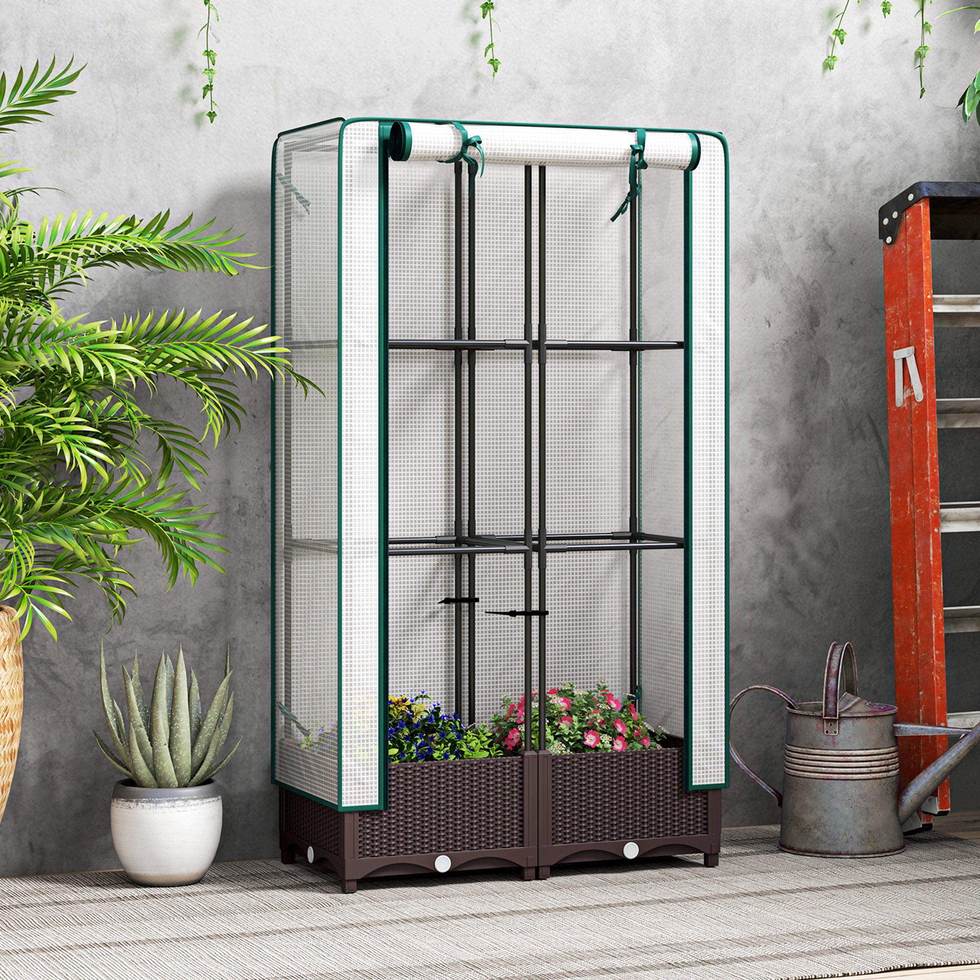 Garden Bed with Trellis, Outdoor Plant Box with PE Cover, Drainage Holes and Zipper Door, 31.5" x 15.7" x 48.8", Brown - Brown - Image 2