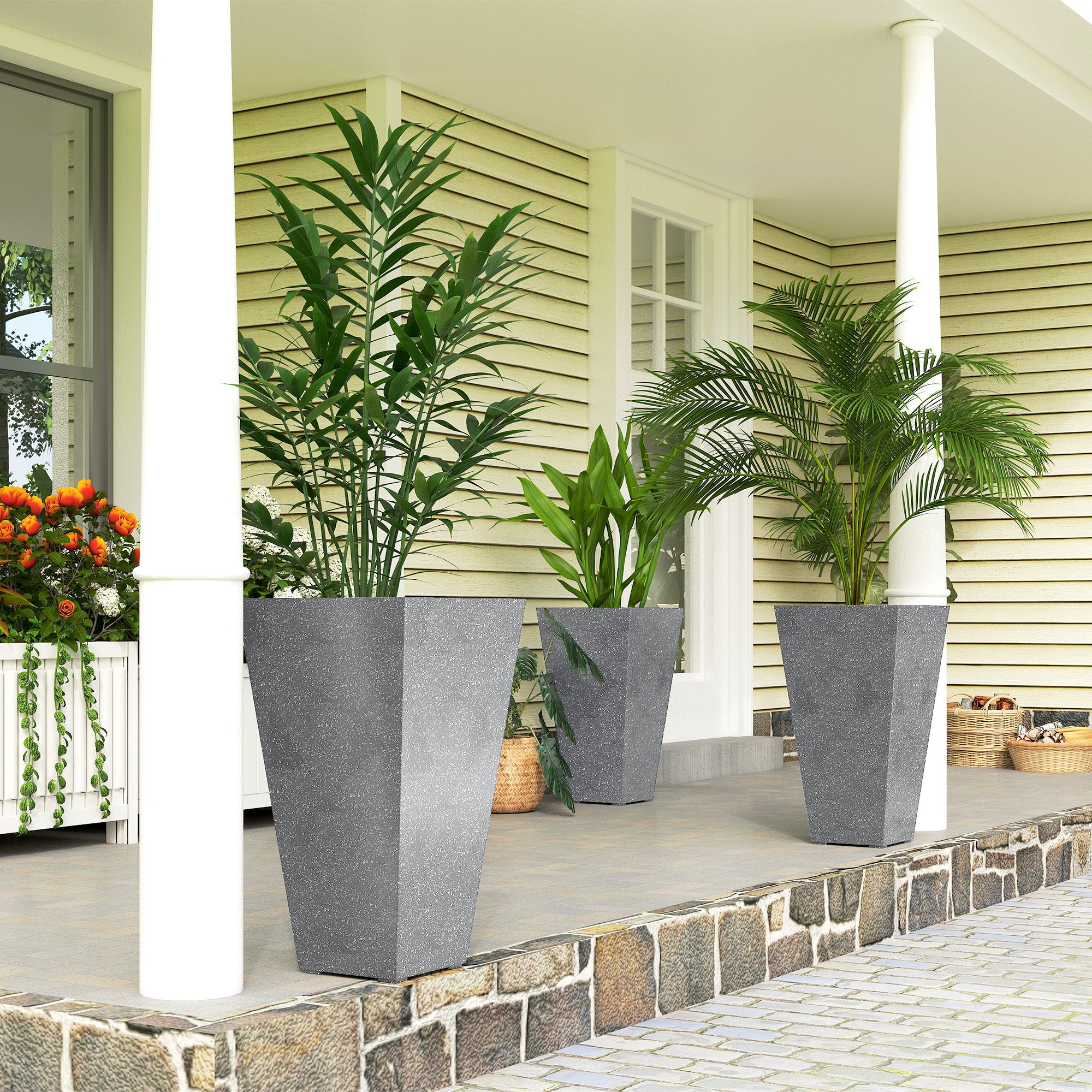 28" Tall Planters, Set of 3 Plastic Flower Pots with Marble Finish and Drainage Holes, Stackable Taper Planters, Gray - Gray - Image 2