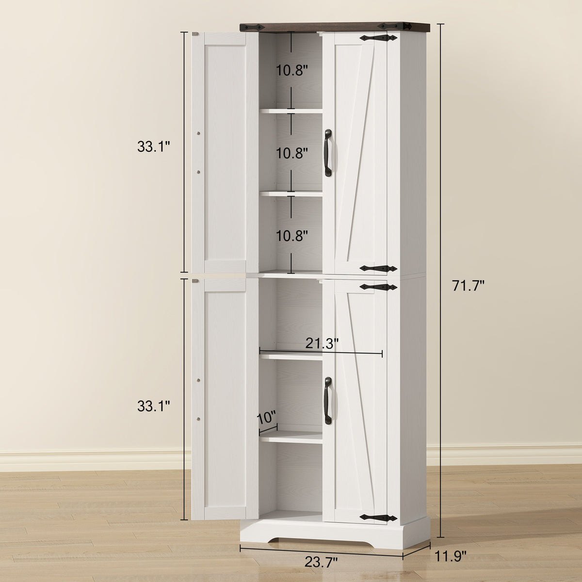 72" Tall Pantry Cabinet, Farmhouse Freestanding Kitchen Storage Cabinet with Adjustable Shelves for Dining Room, White