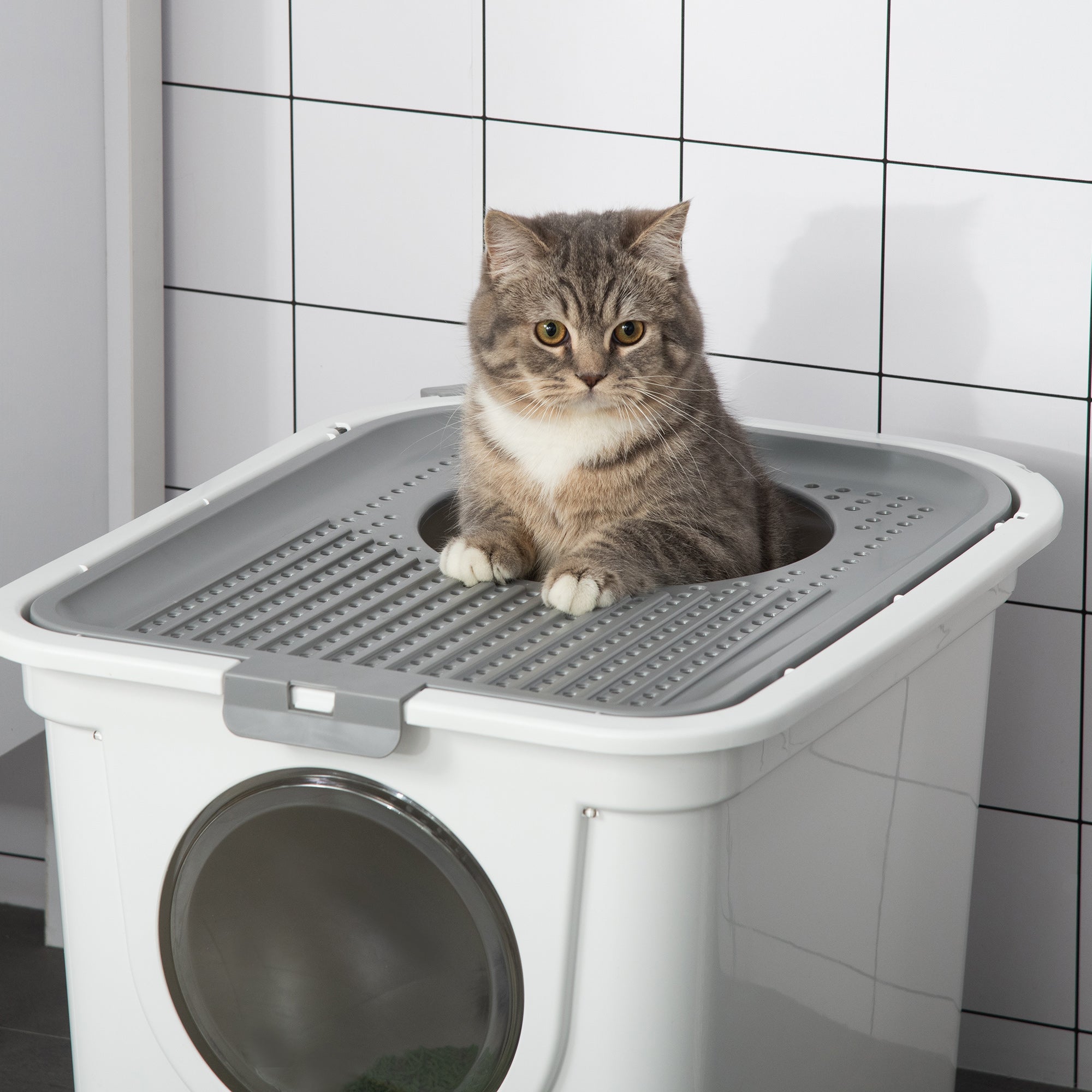Covered Cat Litter Box, Easy Cleaning Kitty Litter Box with Front Entrance, Top Exit, Scoop, for Odor Control, White - White - Image 8