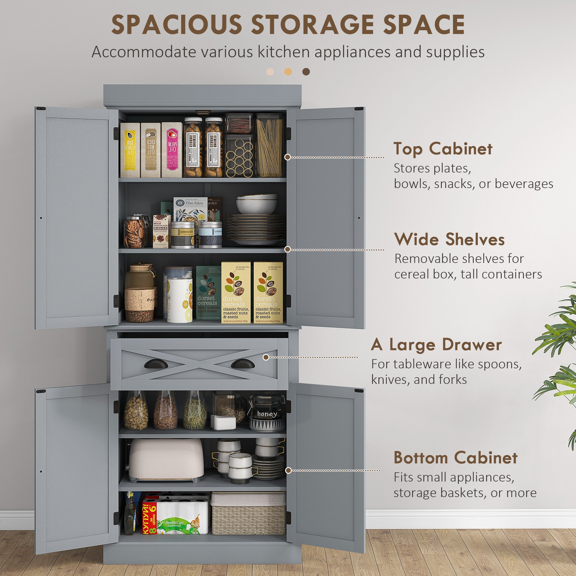 72" Kitchen Cabinet, Pantry Storage Cabinet with 4 Doors and 2 Adjustable Shelves, Large Central Drawer, Gray