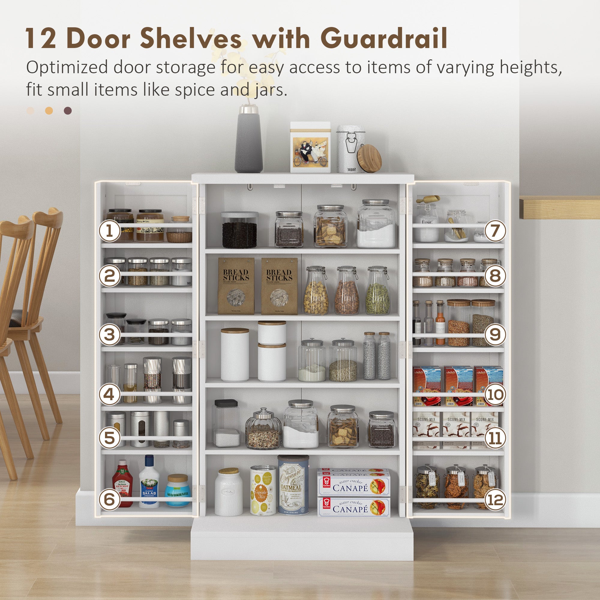 Freestanding Kitchen Pantry, Kitchen Storage Cabinet with 5-Tier Shelf, 12 Spice Racks, Adjustable Shelves, White
