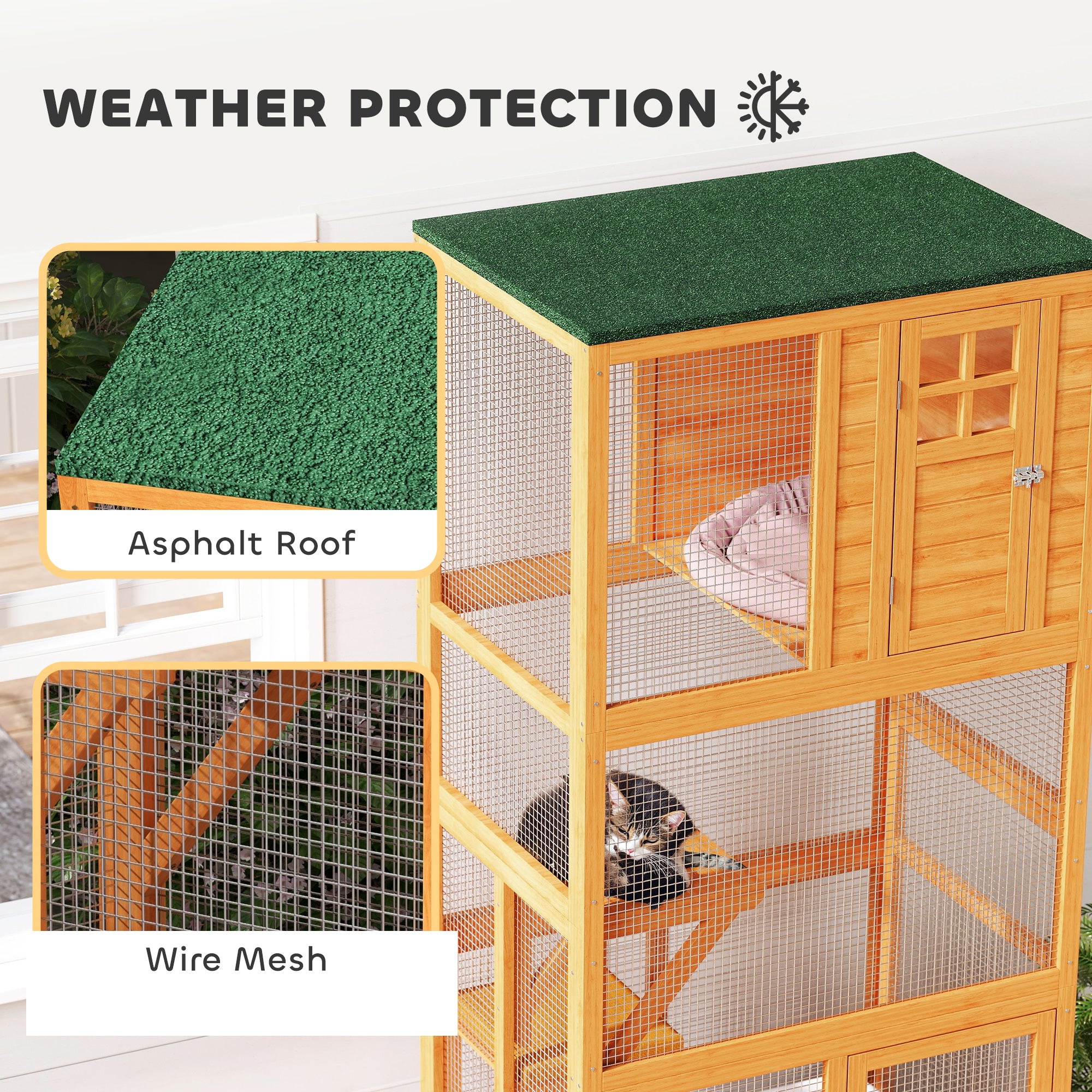 74" Wooden Outdoor Cat House Catio Outdoor Cat Enclosure, Orange - Orange - Image 5