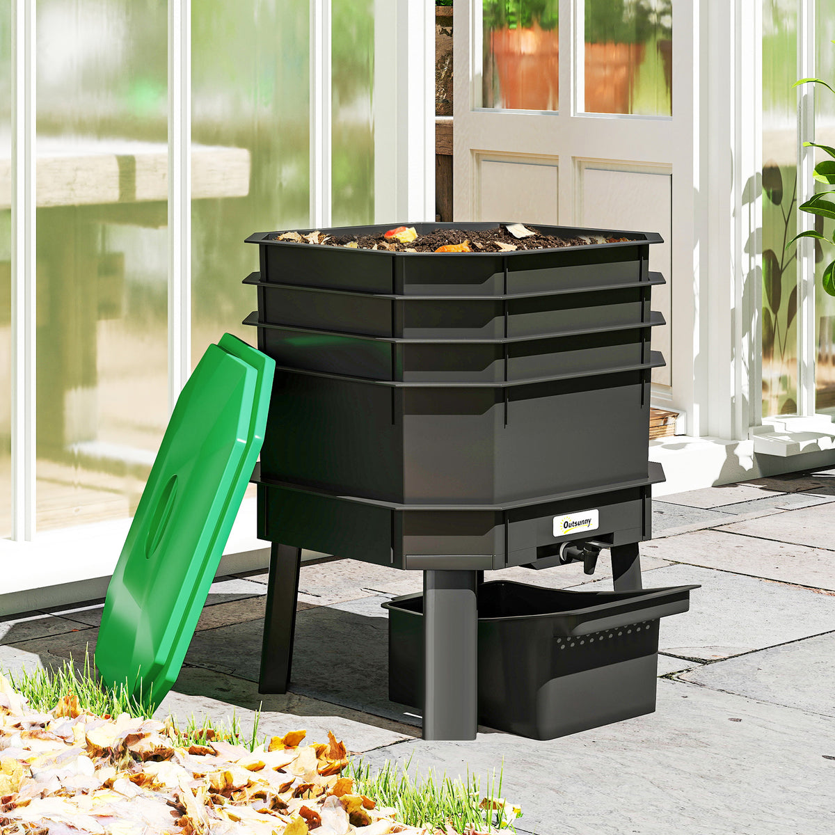 4-Tray Worm Composter Bin, 7.4 Gal Outdoor & Indoor Worm Composter for Recycling Food Waste, Dark Green