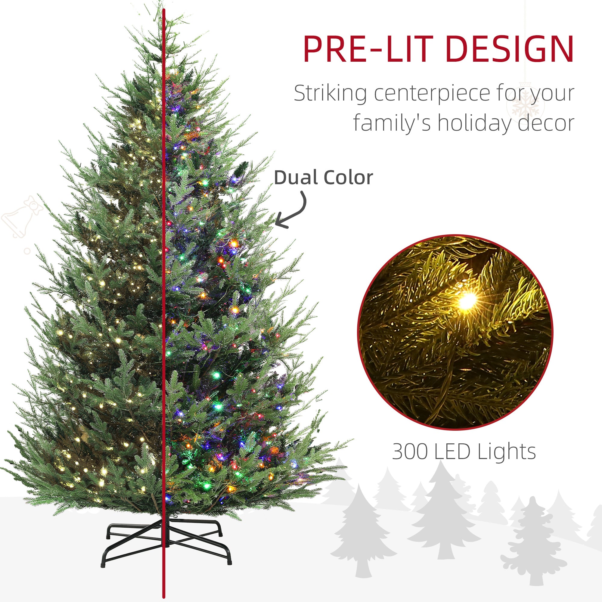 9 ft Artificial Christmas Tree, Prelit Christmas Tree with 300 LED Lights, 1939 Branch Tips and Wide Metal Base, Green