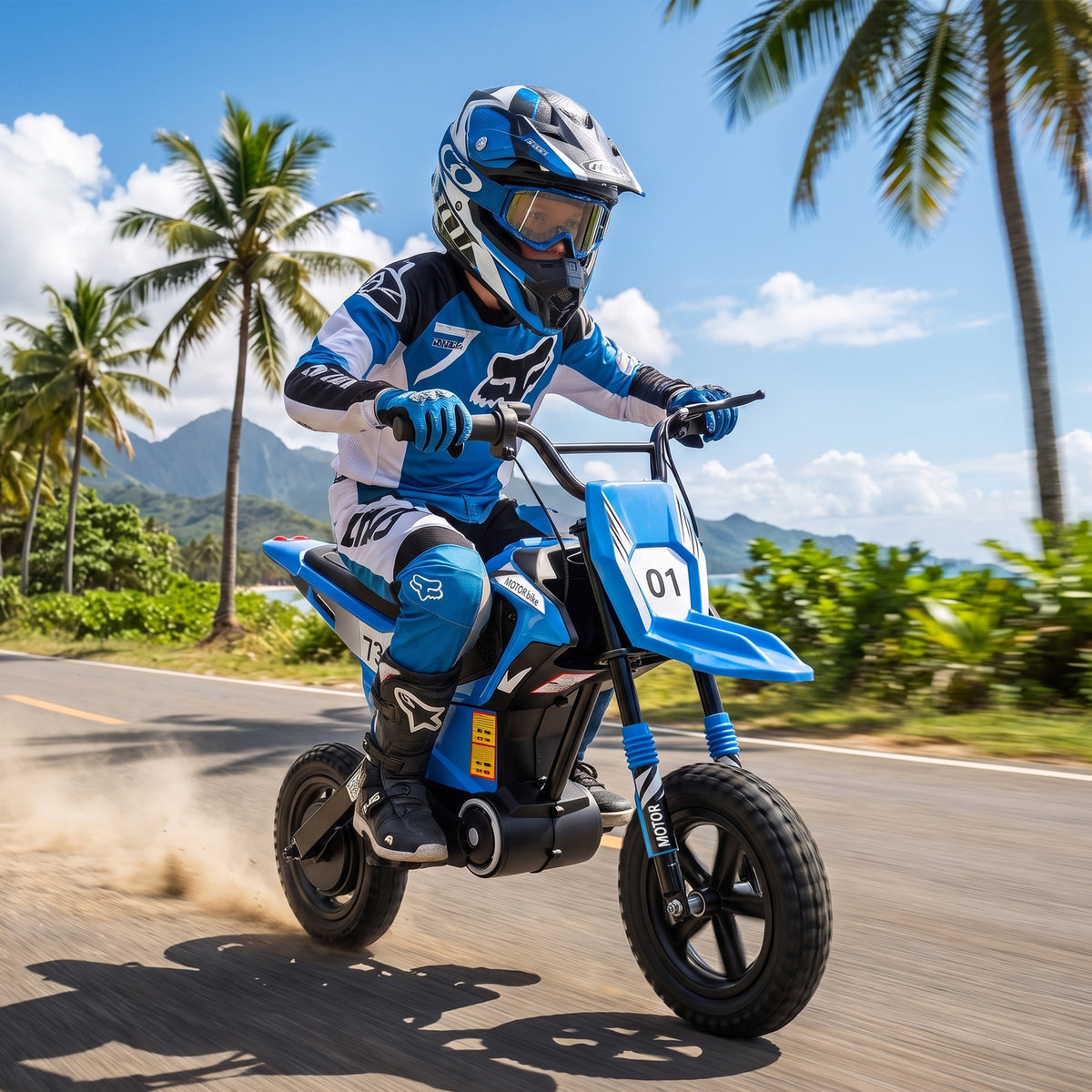 24V Kids Electric Motorcycle with 180W Brushless Motor, Suspension, Soft Start, 12" Rubber Tires for 6+ Years, Blue