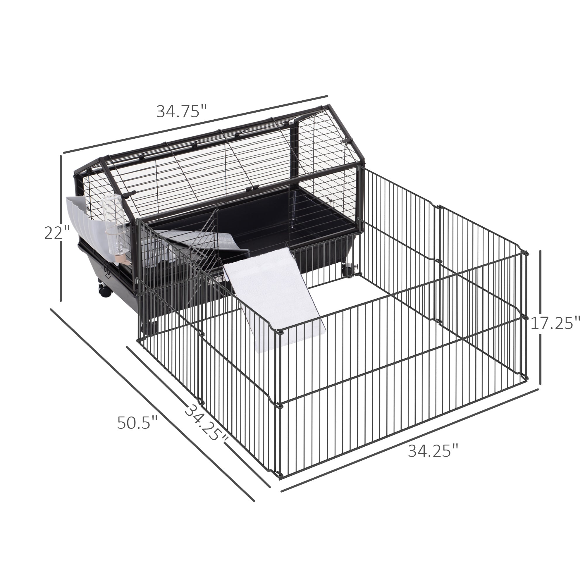 Rolling Metal Rabbit, Guinea Pig, or Small Animal Hutch Cage with Main House and Run - Black and Beige - Image 3