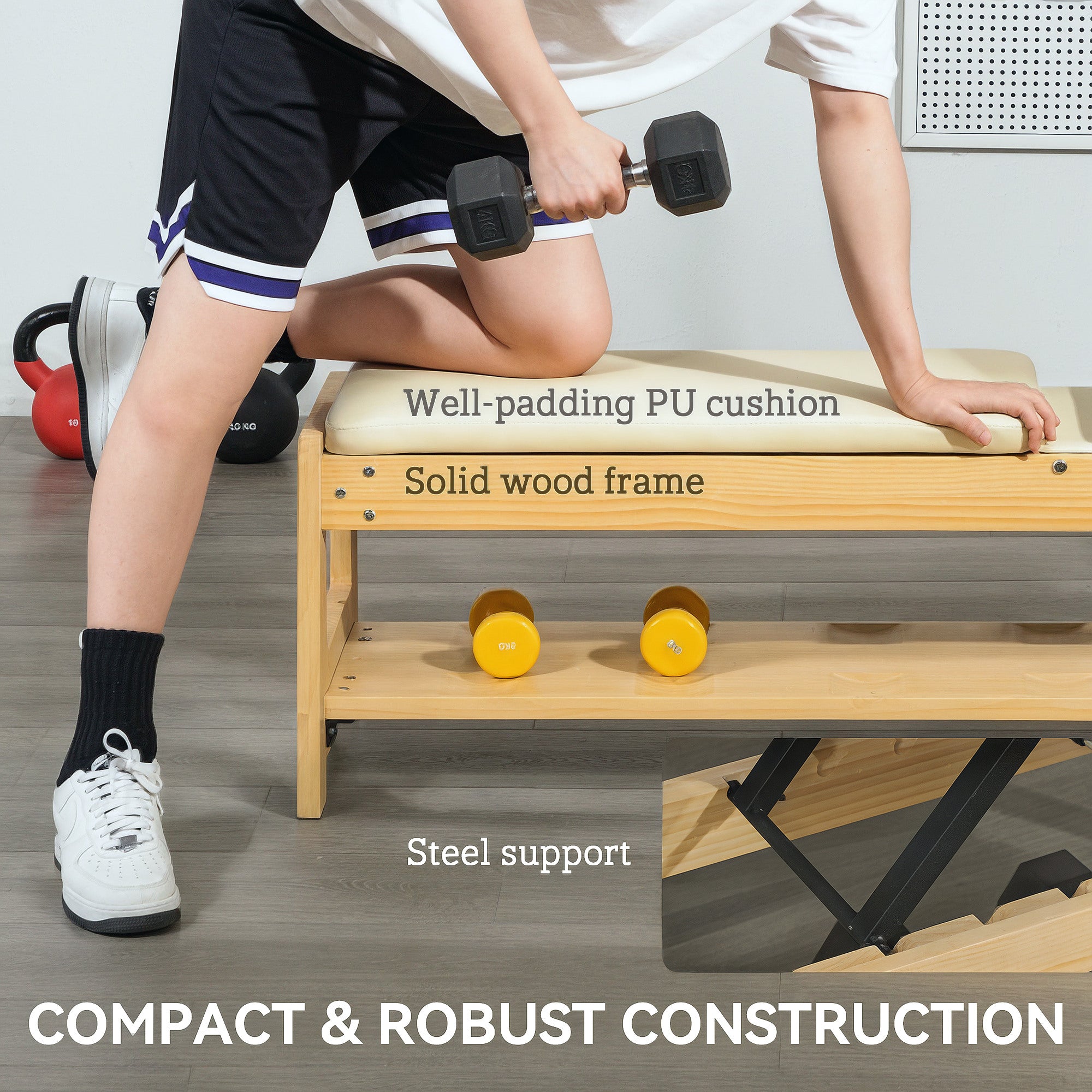Wooden Adjustable Weight Bench with Dumbbell Rack, Flat or Incline Workout Bench for Home Gym Weight Lifting, White