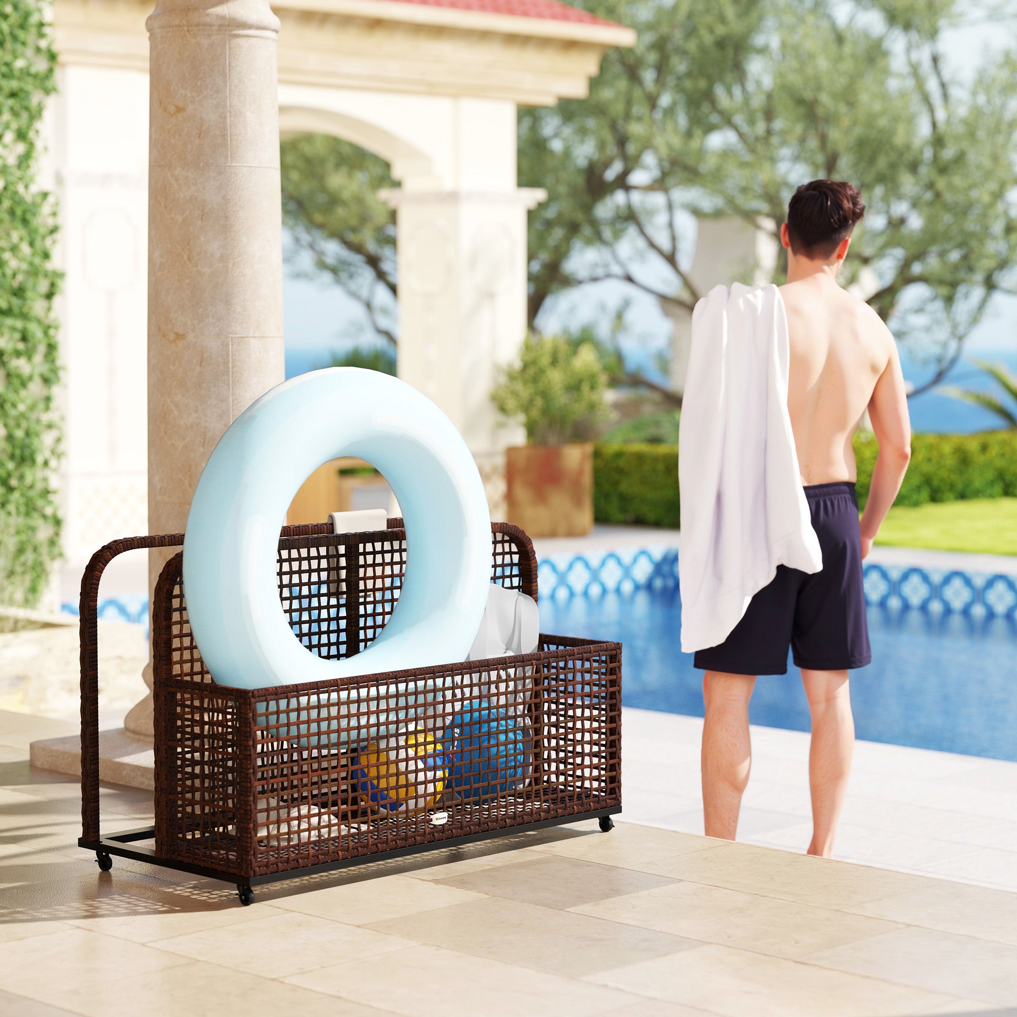 Pool Float Storage, Pool Caddy, with Wheels, 43.25" L x 22.5" W x 28" H, Brown - Brown - Image 7
