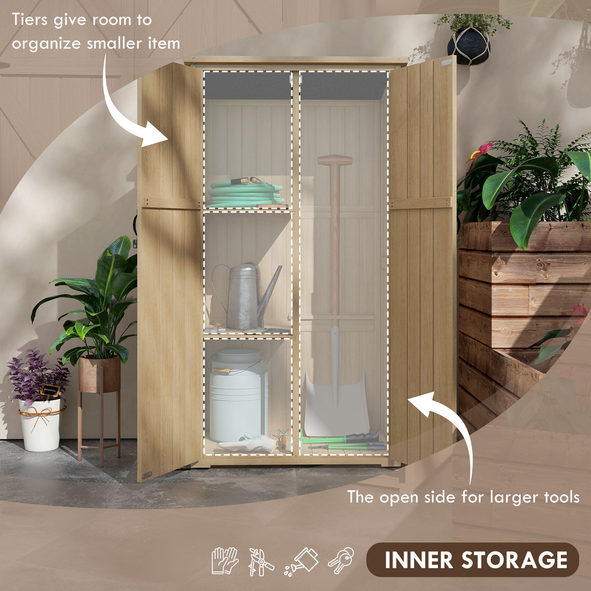 Wooden Outdoor Storage Cabinet Garden Shed with Waterproof Asphalt Roof and Lockable Doors, Natural - Natural Wood - Image 4