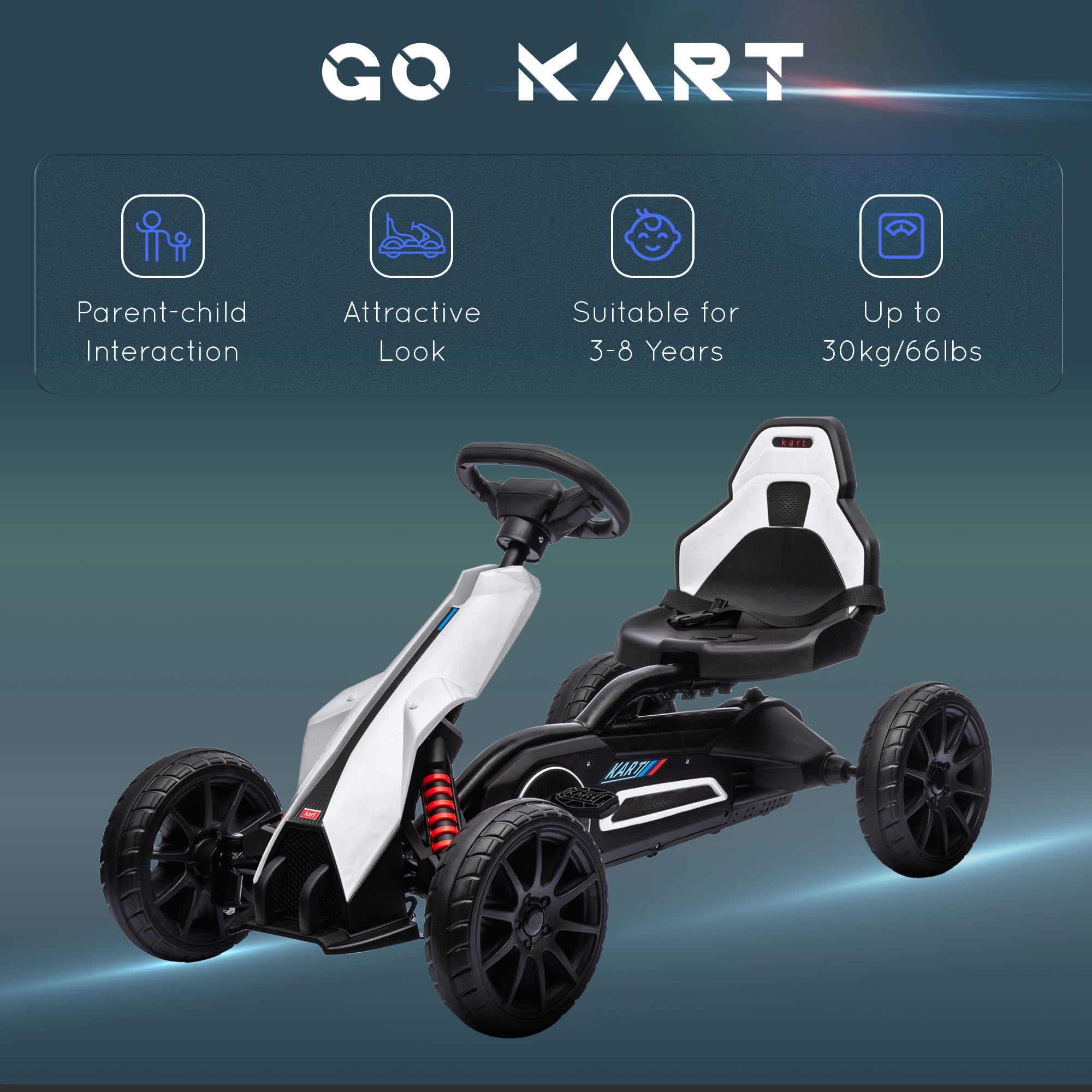 Kids Pedal Go Kart W/ Adjustable Seat, Swing Axle, White