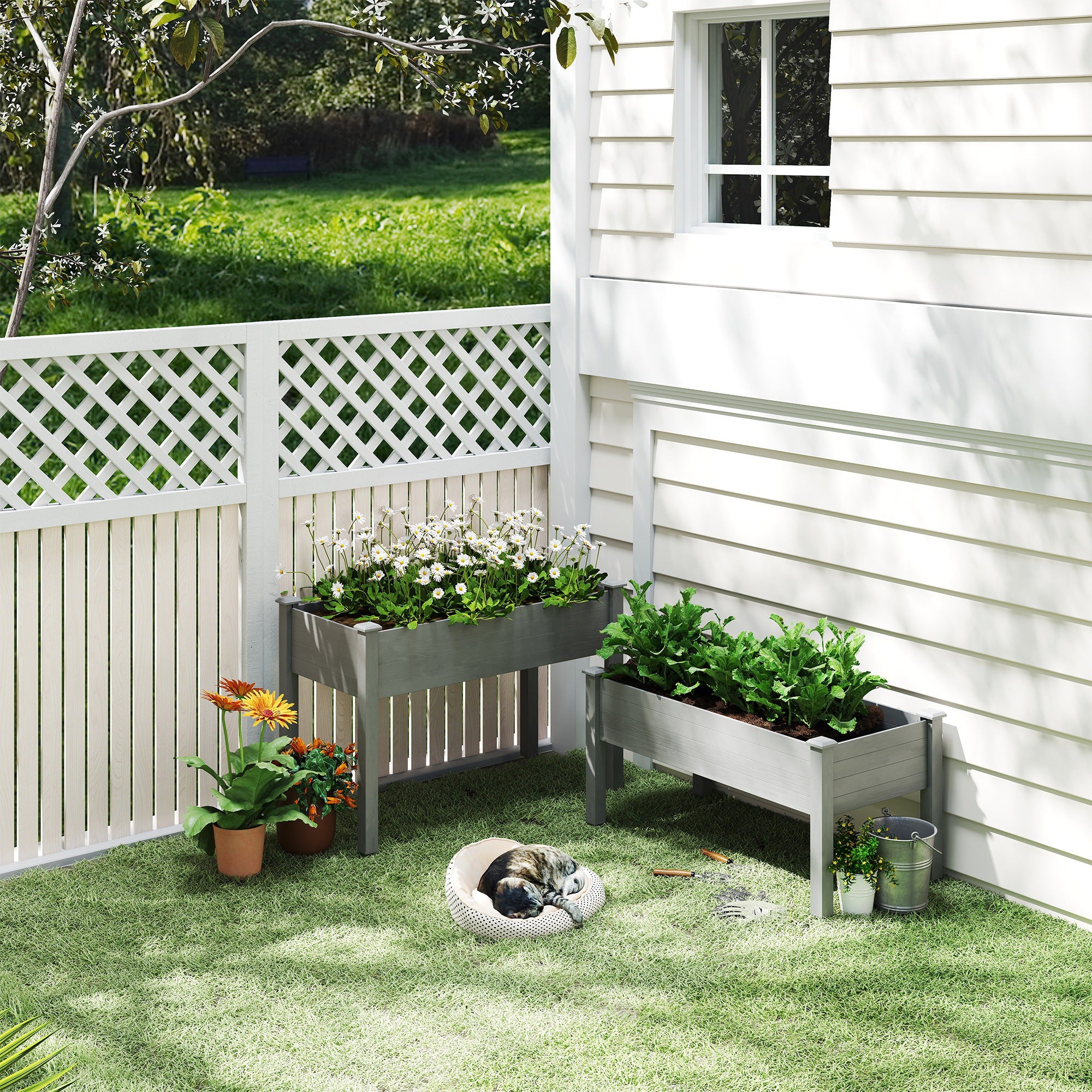 2 Tier Raised Garden Bed, Wooden Elevated Planter Box with Legs, Outdoor Plant Bed for Flowers Vegetables Herbs Gray - Gray - Image 2