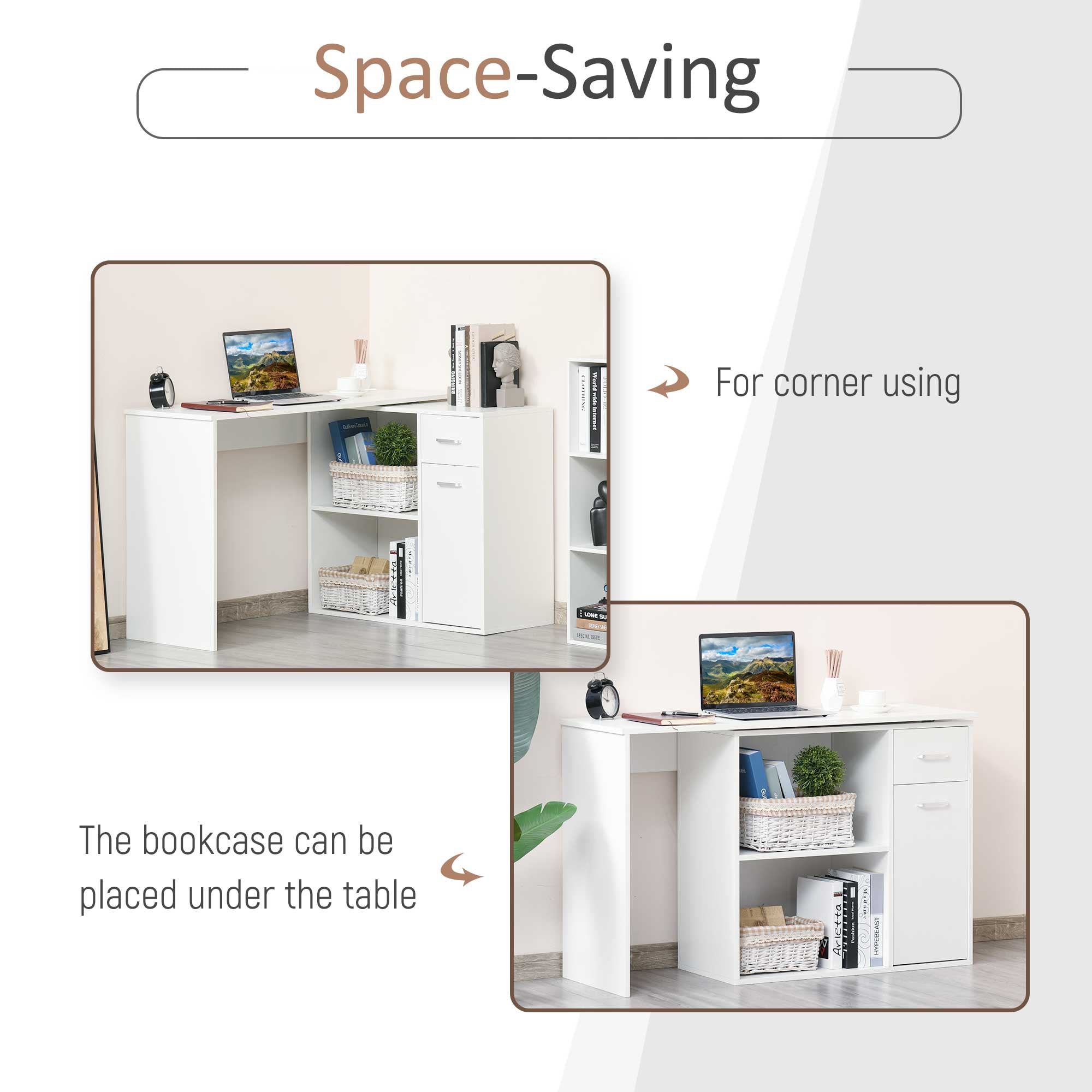 L Shaped Computer Desk, 180° Rotating Corner Desk with Storage Shelves, Drawer and Cabinet, Study Workstation for Home Office, 47.25"x19.75"x 53.75", White
