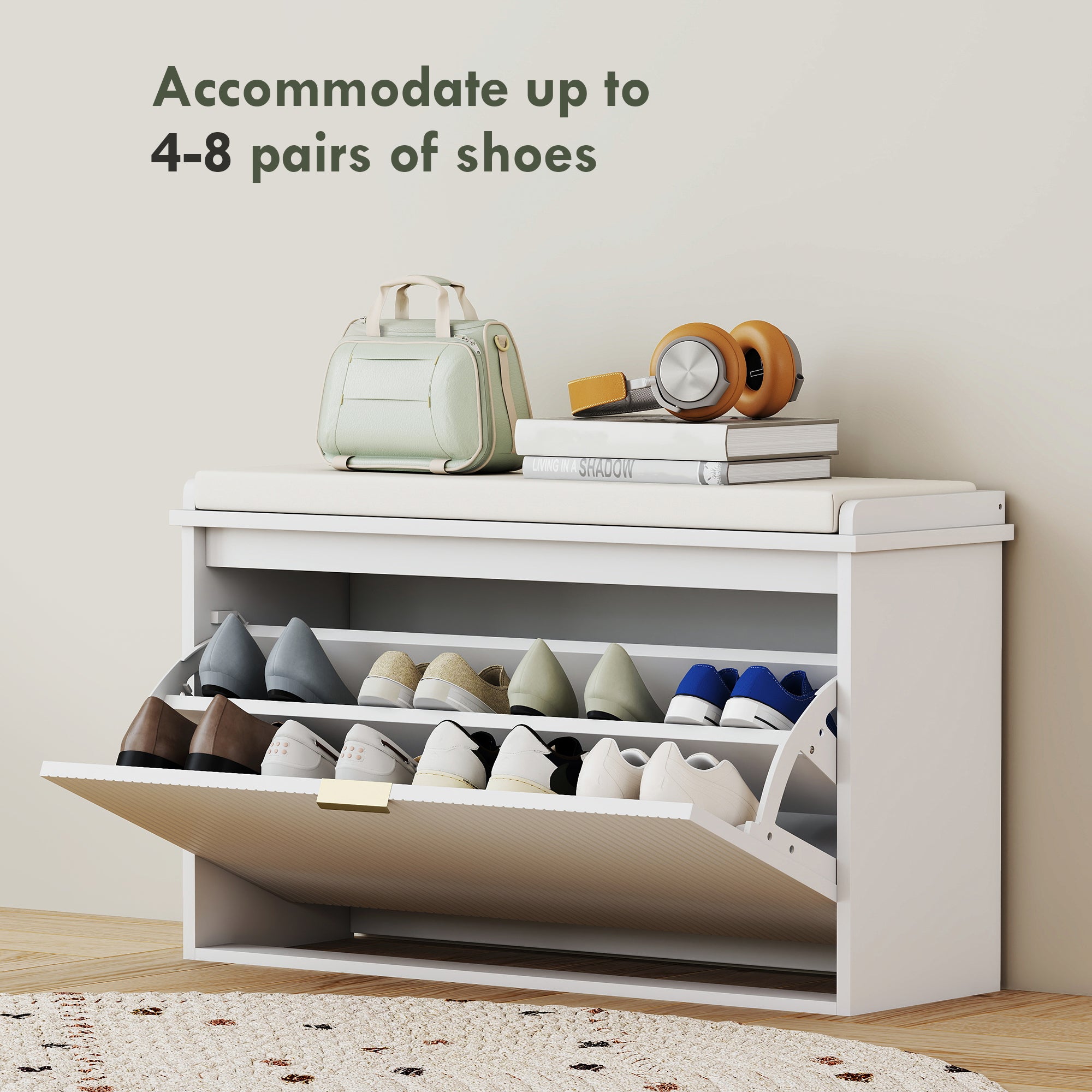 Shoe Storage Bench with Padded Seat Cushion and Flip-Drawer, Entryway Bench, Shoe Cabinet, 31.5x10.2x18.7 Inches, White