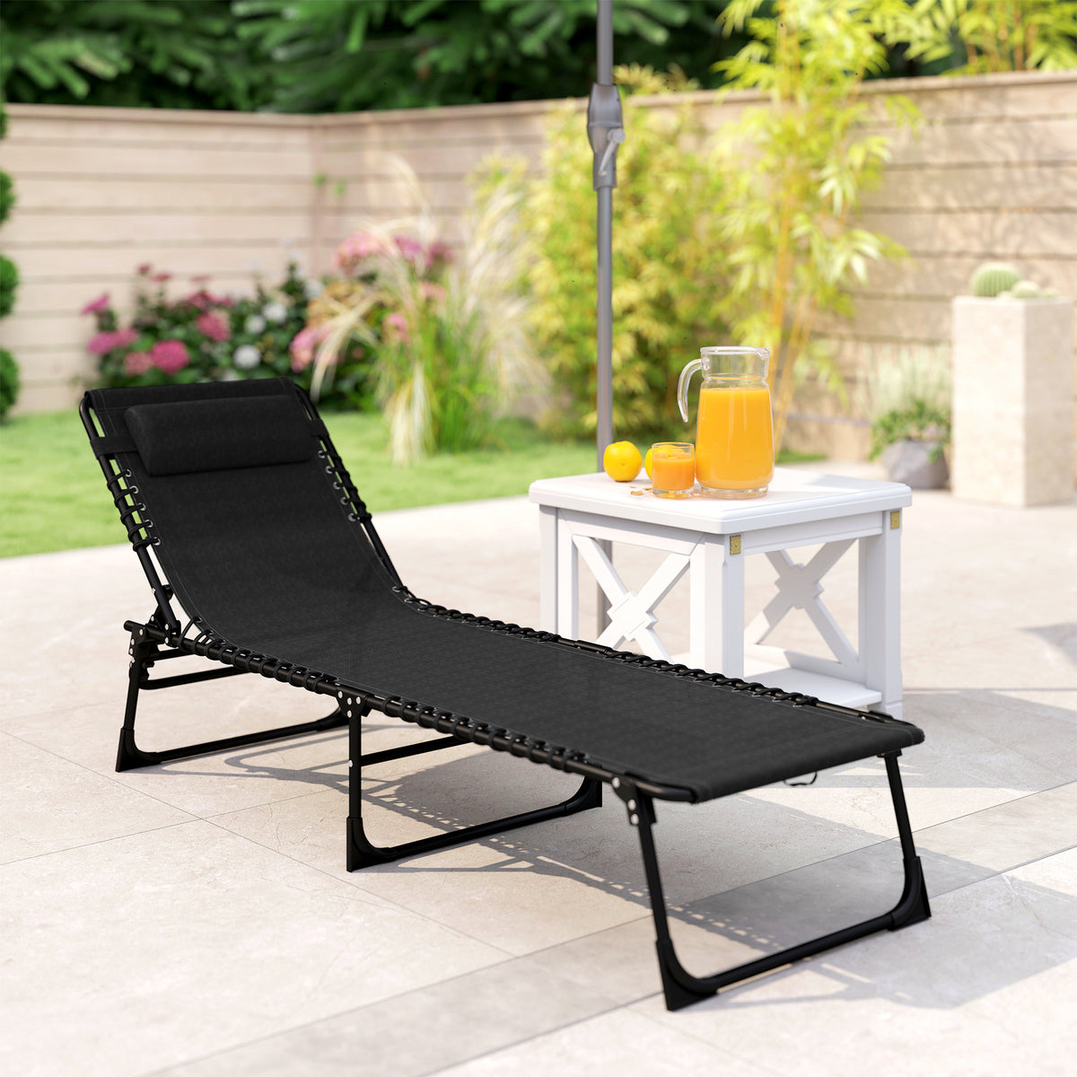 Folding Chaise Lounge Pool Chair with 4-Position Reclining Back, Pillow, Breathable Mesh & Bungee Seat, Black