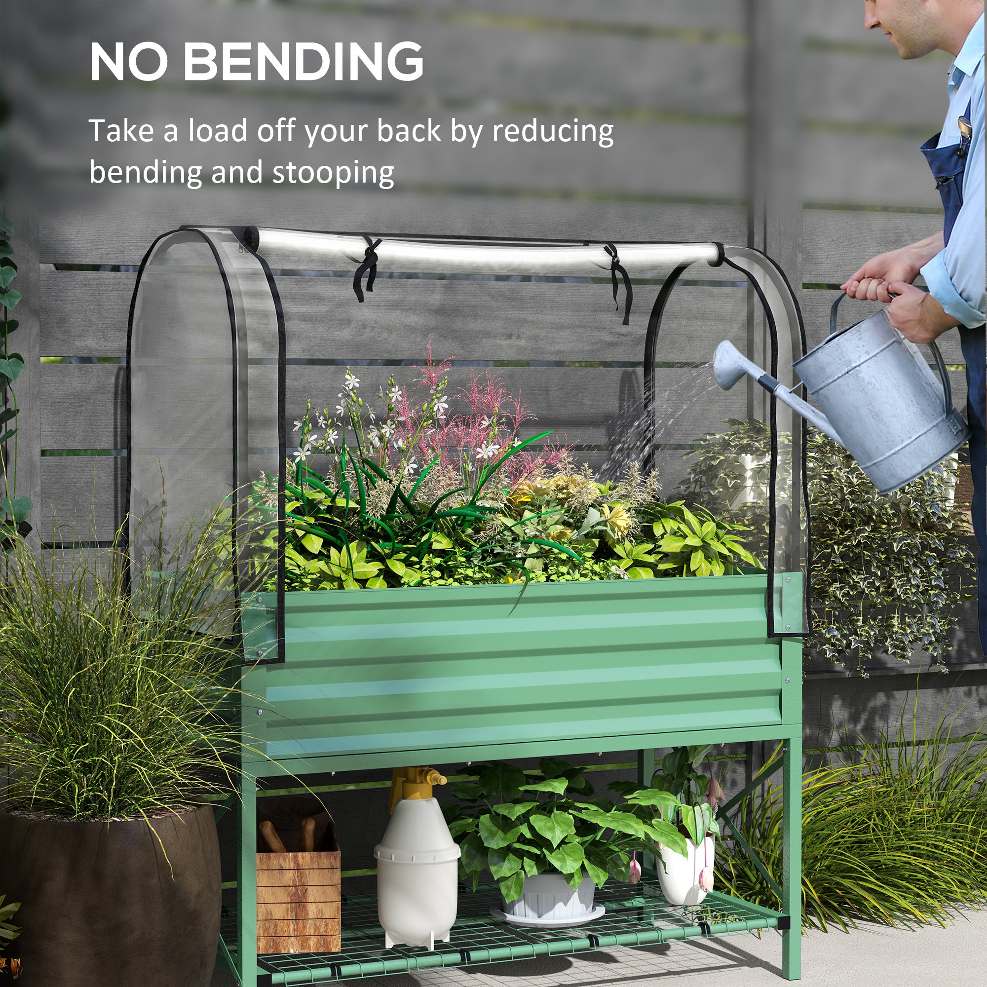 Raised Garden Bed with Legs and Cover, Metal Elevated Planter Box with Bottom Shelf and Liner for Vegetables, Green - Green - Image 7