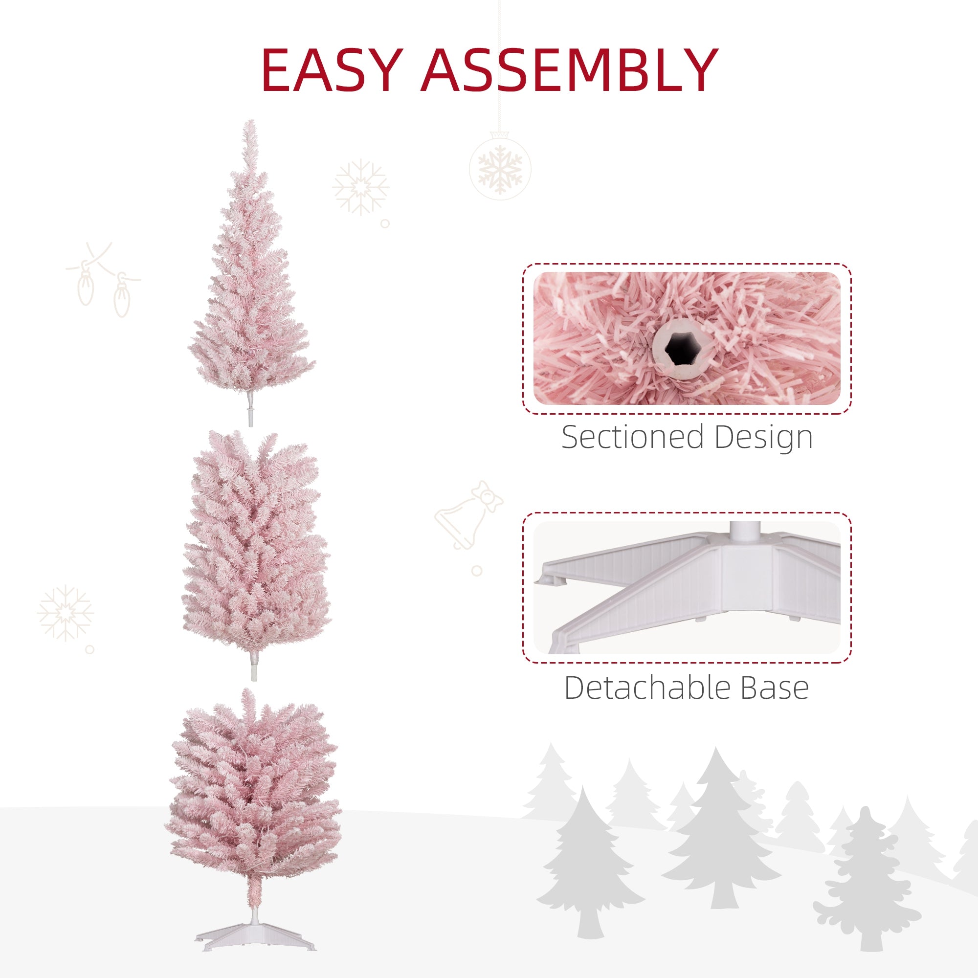 7ft Pencil Christmas Tree, Slim Artificial Christmas Tree with Snow Flocked Branches and Warm White LED Lights, Pink