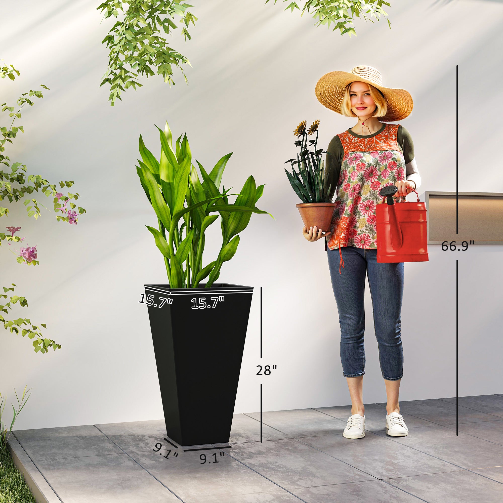 Tall Planters for Outdoor Plants Set of 3, 28 In Taper Planters with Drainage Holes, Indoor Grande Plant Pots, Front Porch Decor (Black) - Black - Image 3