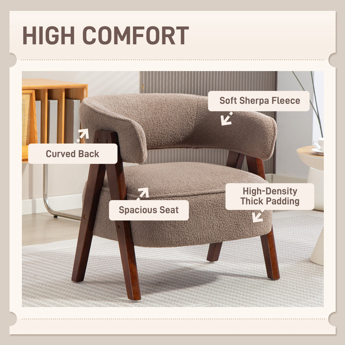 Sherpa Fleece Accent Chair, Upholstered Armchair with Solid Wood Legs for Living Room, Light Brown