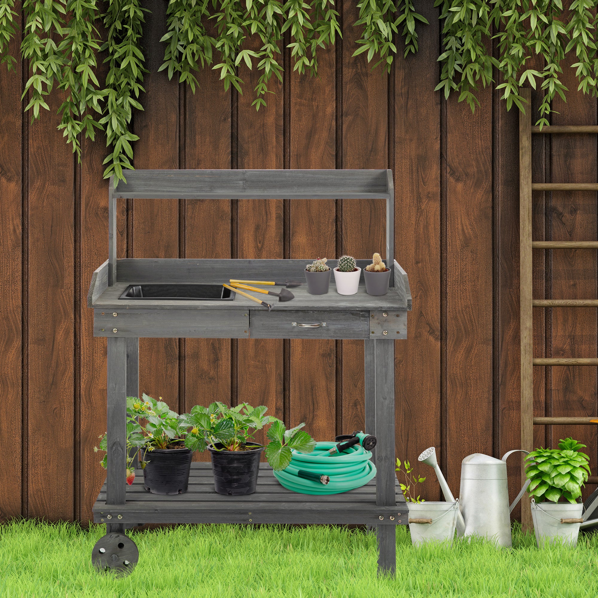 36" Wooden Potting Bench Work Table with 2 Removable Wheels, Garden Workstation with Removable Sink, Drawer & Large Storage Spaces, Gray - Gray - Image 2