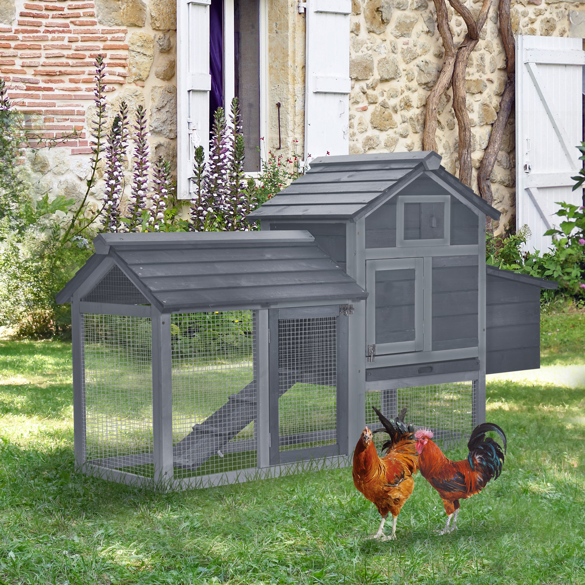 59" Small Wooden Chicken coop Hen House Poultry Cage for Outdoor Backyard with 2 Doors, Nesting Box and Removable Tray, Gray - Grey - Image 2