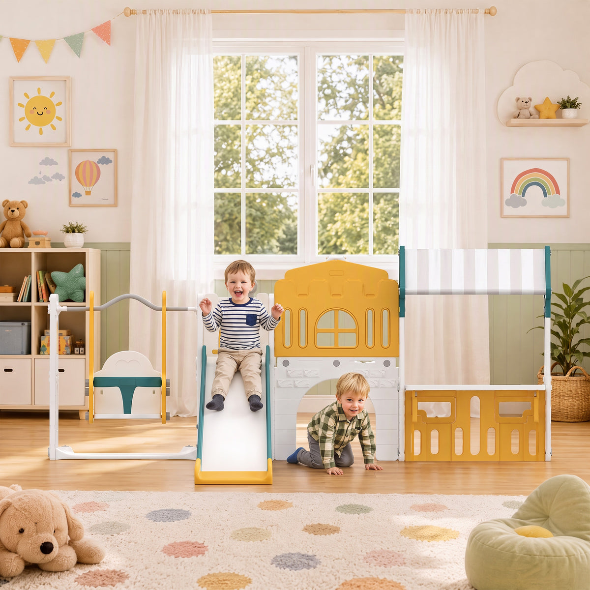 11 in 1 Toddler Slide and Swing Set w/ Playhouse, Kids Slide Playset Indoor Playground for 1-4 Years, Yellow