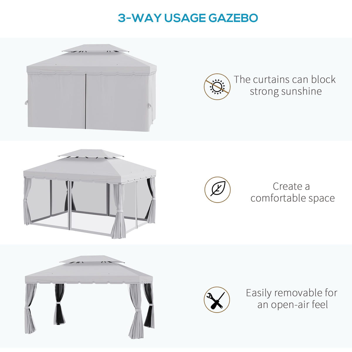 10' x 13' Patio Gazebo, Aluminum Frame Double Roof Outdoor Gazebo Canopy Shelter with Netting & Curtains, Light Gray