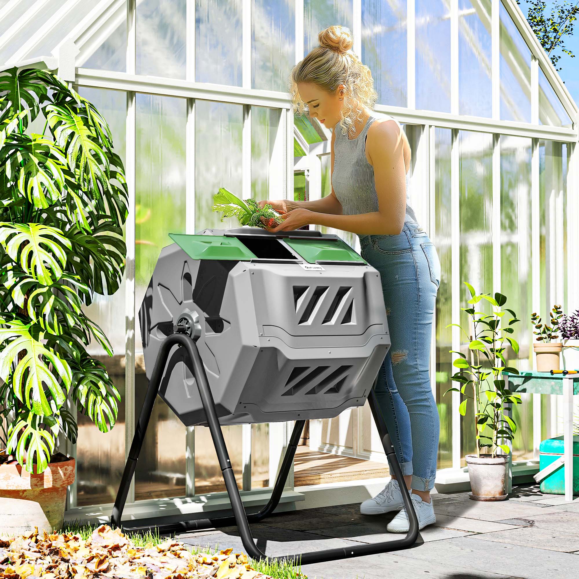 Tumbling Compost Bin Outdoor 360° Dual Chamber Rotating Composter 43 Gallon, Light Gray - Light Gray - Image 2