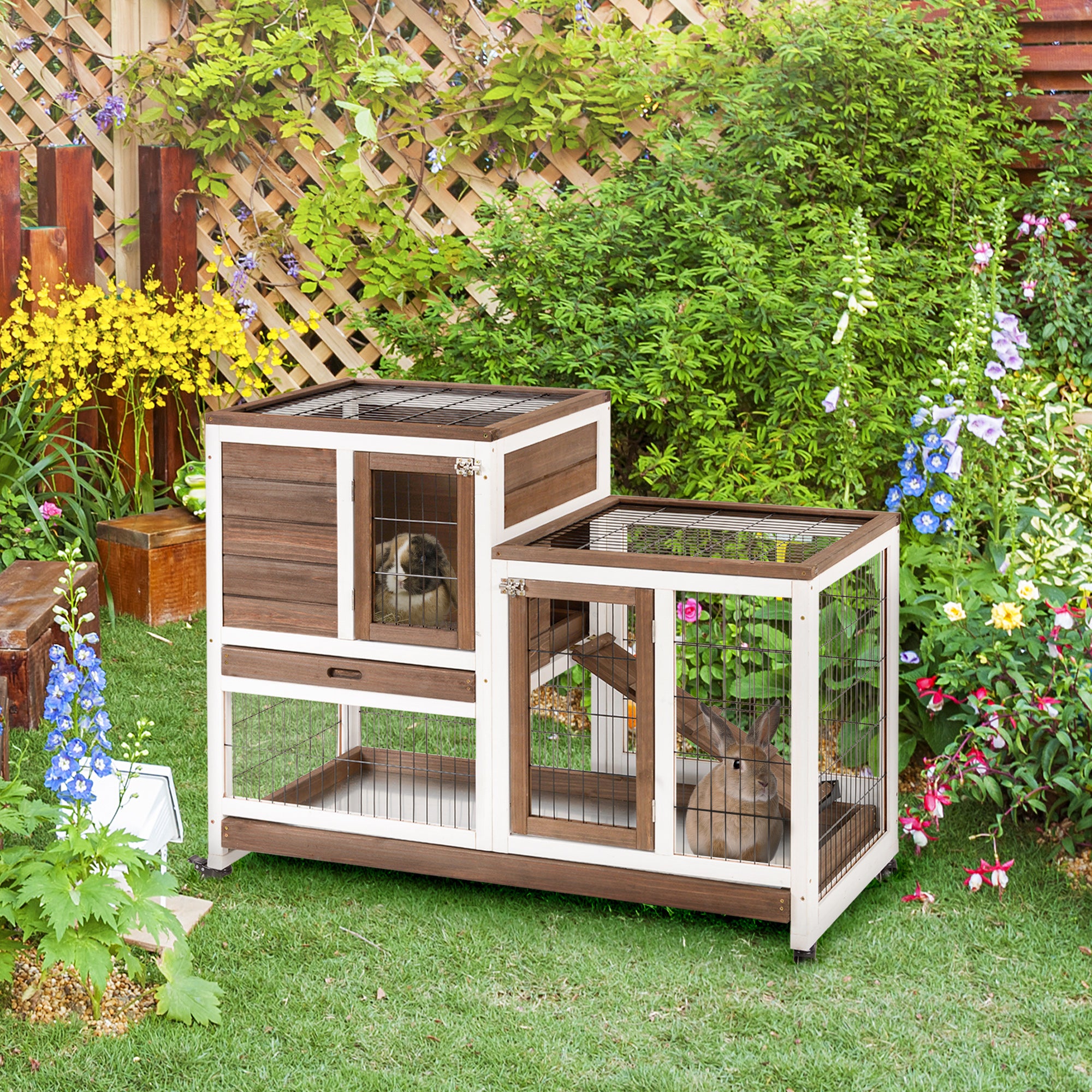 Wooden Rabbit Hutch Elevated Bunny Cage Indoor Small Animal Habitat with Enclosed Run with Wheels, Ramp, Removable Tray for Rabbits, Chickens, Ducks, Guinea Pigs, Brown - Brown - Image 2